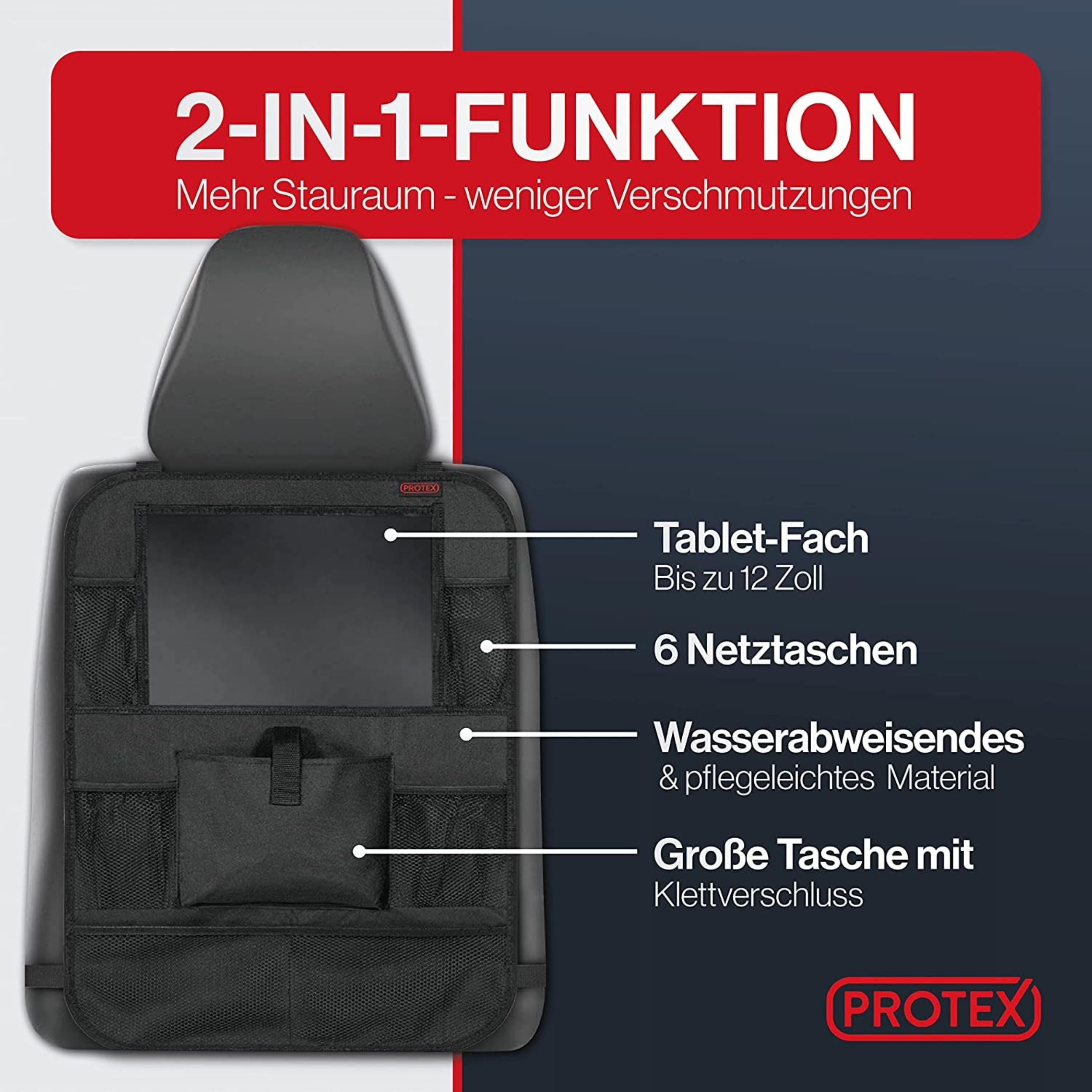 PROTEX© Rückenlehnenschutz Organizer [Testsieger 2025] 100 Tage risikofrei testen - Auto Rücksitz Organizer mit 12 Zoll Tablet Fach [2er schwarz]