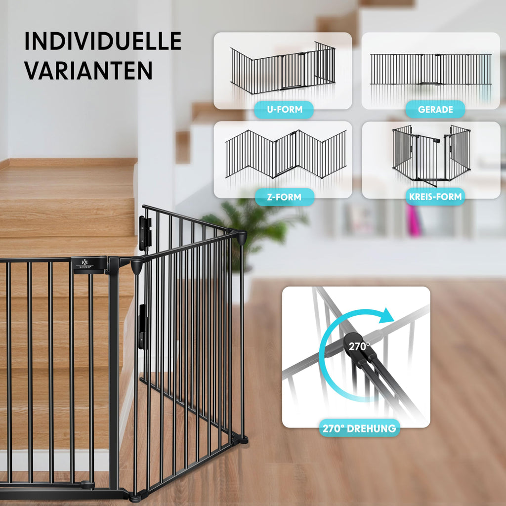 KESSER® Kaminschutzgitter mit Tür 305 cm Metall Ofenschutzgitter Laufgitter Laufstall Absperrgitter Tierschutzgitter Türschutzgitter für Kinder-Sicherung, 5-teilig Elemente (je 60 x 75 cm) Schwarz