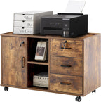 TUKAILAI Rollcontainer Abschließbar mit 3 Schubladen, Lagerung Fach und Offene Regale, Aktenschrank, Büroschrank mit Rollen, Dokumente in DIN-A4, Legal, Letter-Format, Büromöbel, braun