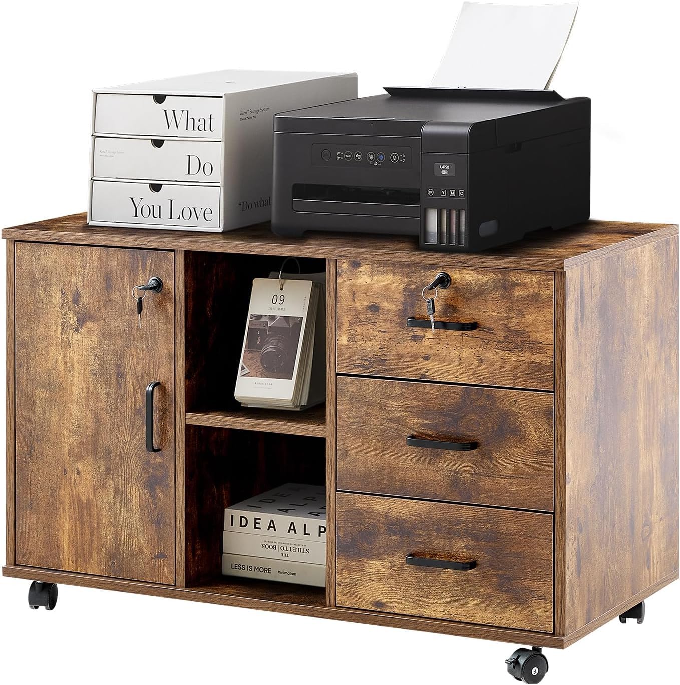 TUKAILAI Rollcontainer Abschließbar mit 3 Schubladen, Lagerung Fach und Offene Regale, Aktenschrank, Büroschrank mit Rollen, Dokumente in DIN-A4, Legal, Letter-Format, Büromöbel, braun