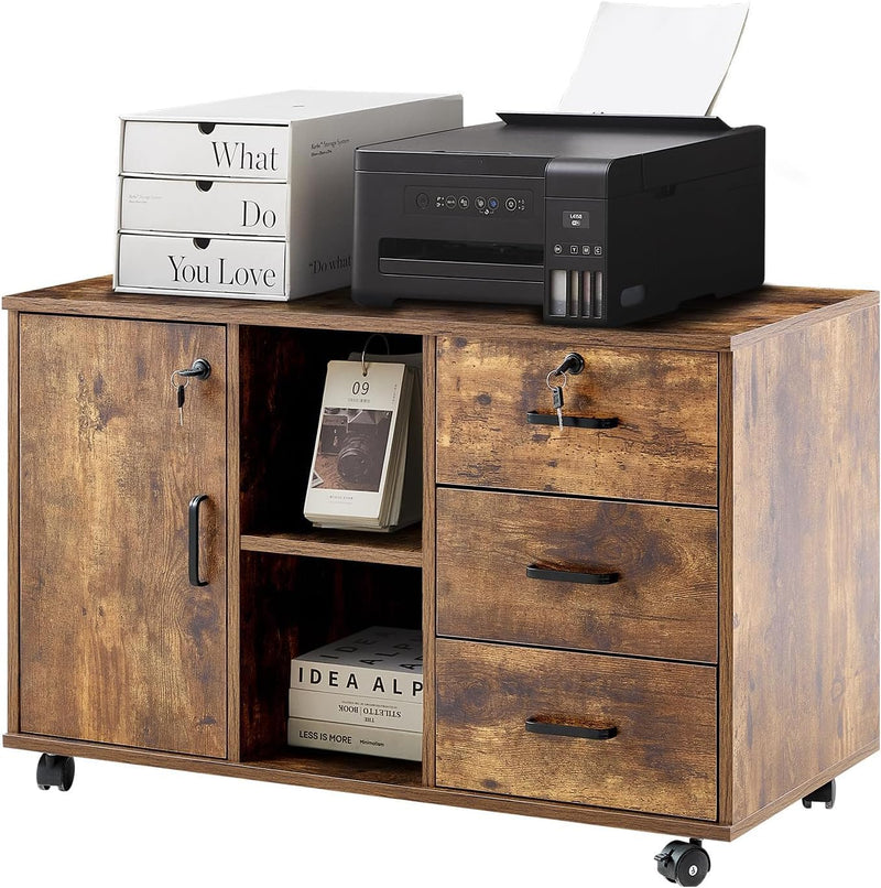 TUKAILAI Rollcontainer Abschließbar mit 3 Schubladen, Lagerung Fach und Offene Regale, Aktenschrank, Büroschrank mit Rollen, Dokumente in DIN-A4, Legal, Letter-Format, Büromöbel, braun