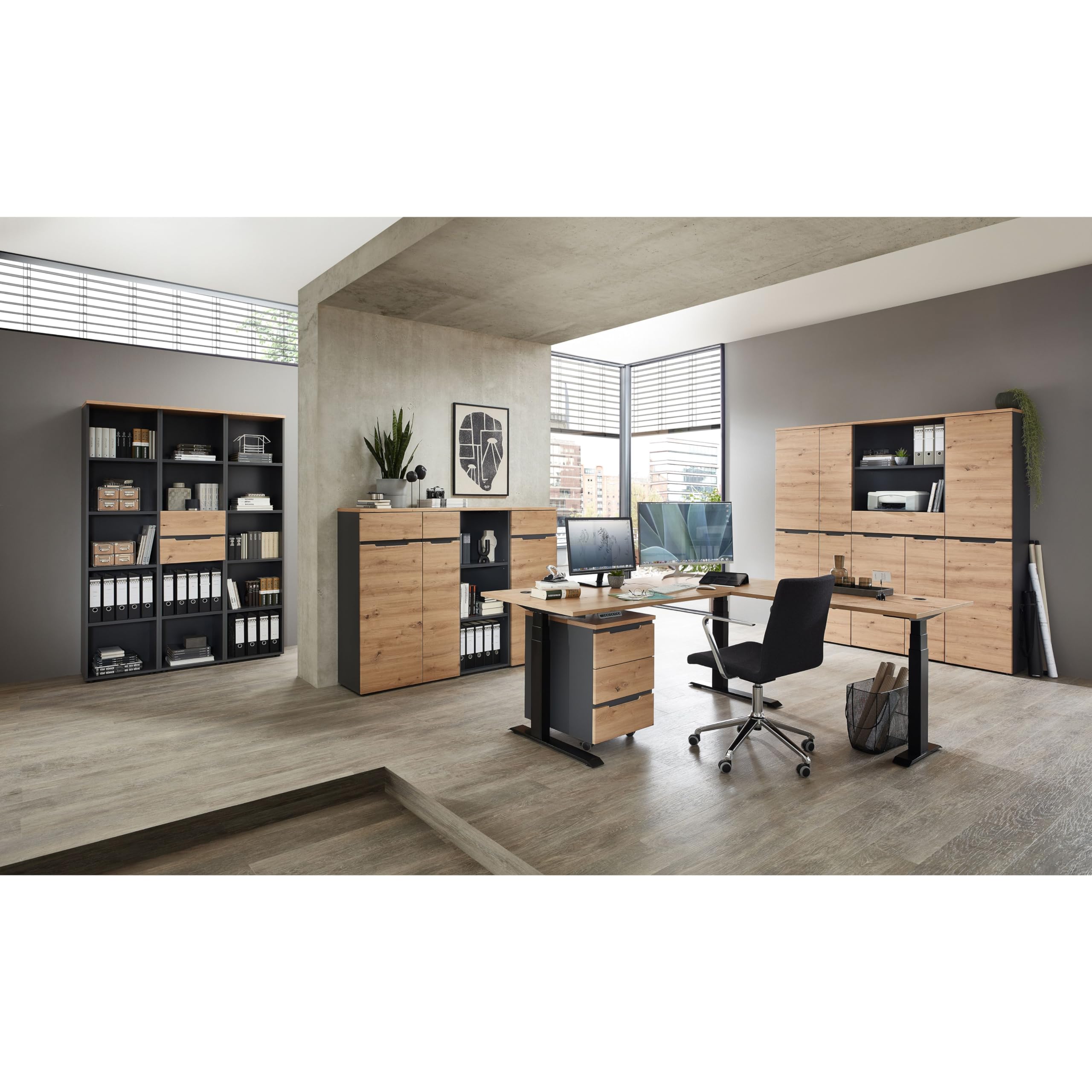 MEMPHIS Aktenschrank in Artisan Eiche Optik, Graphit - Moderner Büroschrank - 45 x 197 x 38 cm (B/H/T)