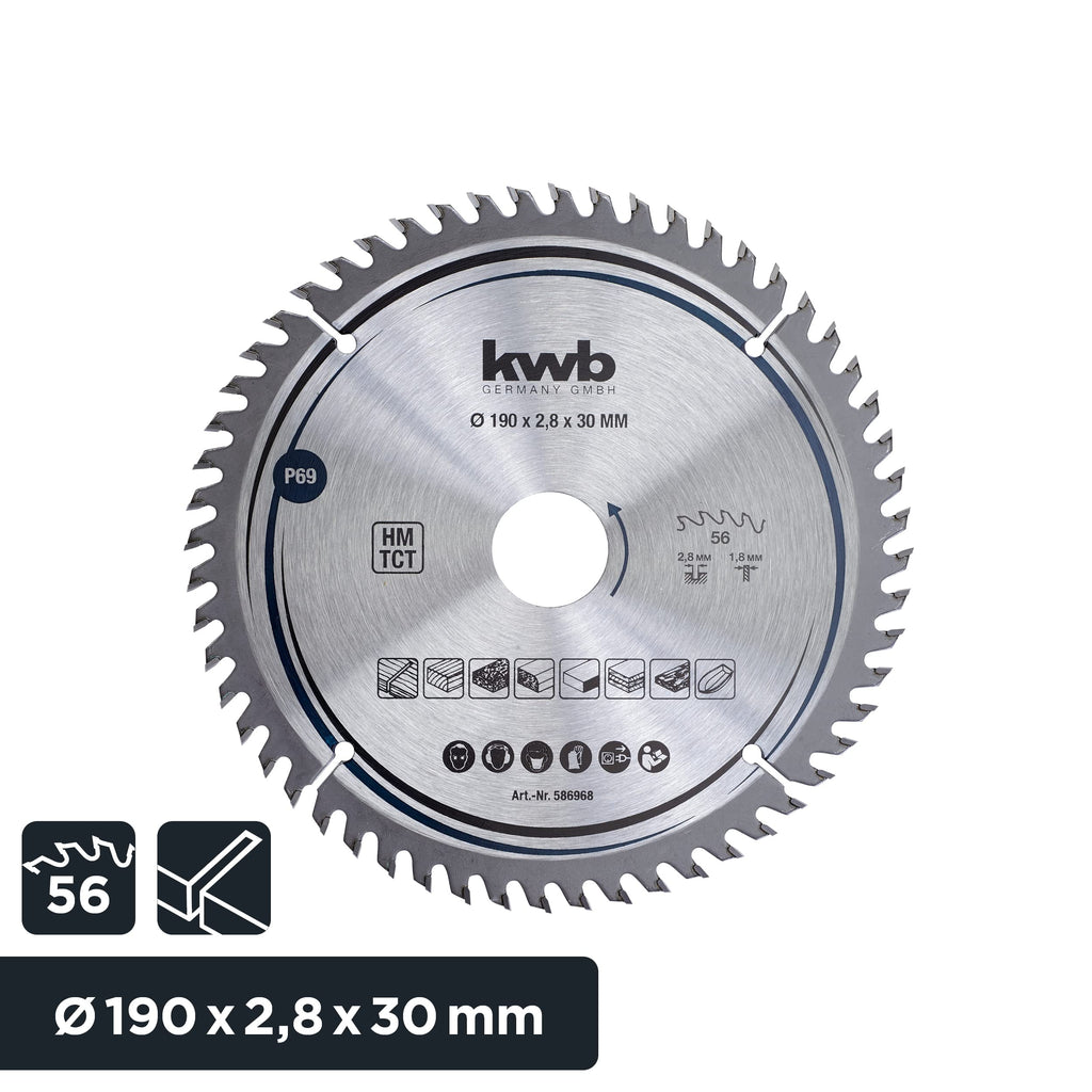 kwb Kreissägeblatt 190 x 30 mm, sehr feiner Schnitt, Sägeblatt geeignet für Arbeitsplatten, Holz und beschichtete Platten