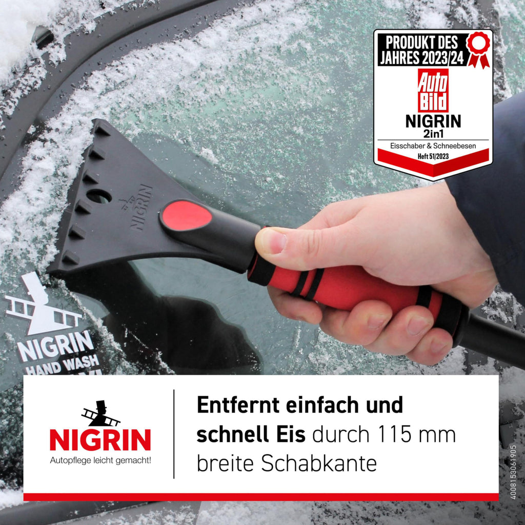 NIGRIN Eiskratzer Auto mit Schneebesen, ergonomischer rutschfester Softgriff, aus hochstabilem ABS, Schwarz-Rot