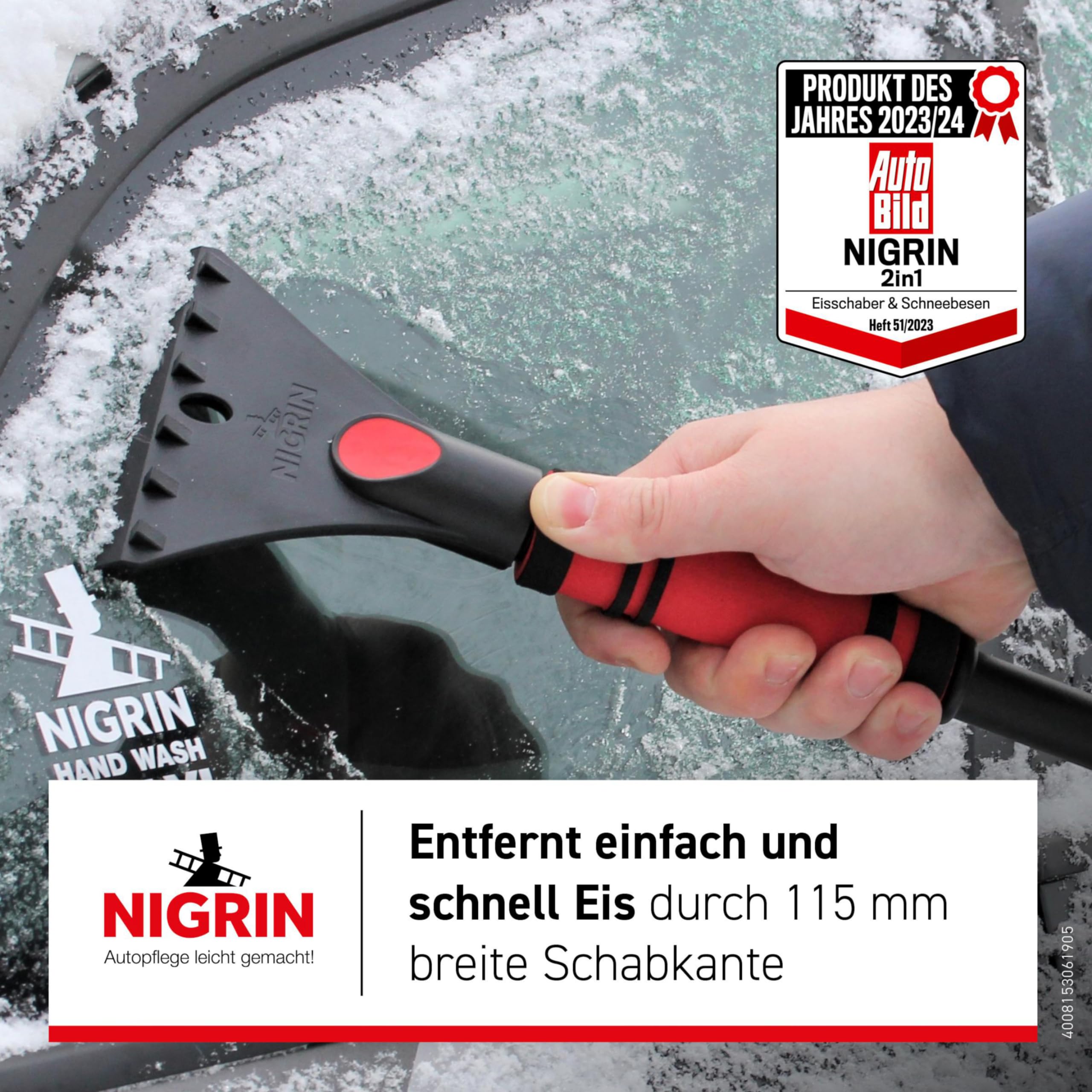 NIGRIN Eiskratzer Auto mit Schneebesen, ergonomischer rutschfester Softgriff, aus hochstabilem ABS, Schwarz-Rot