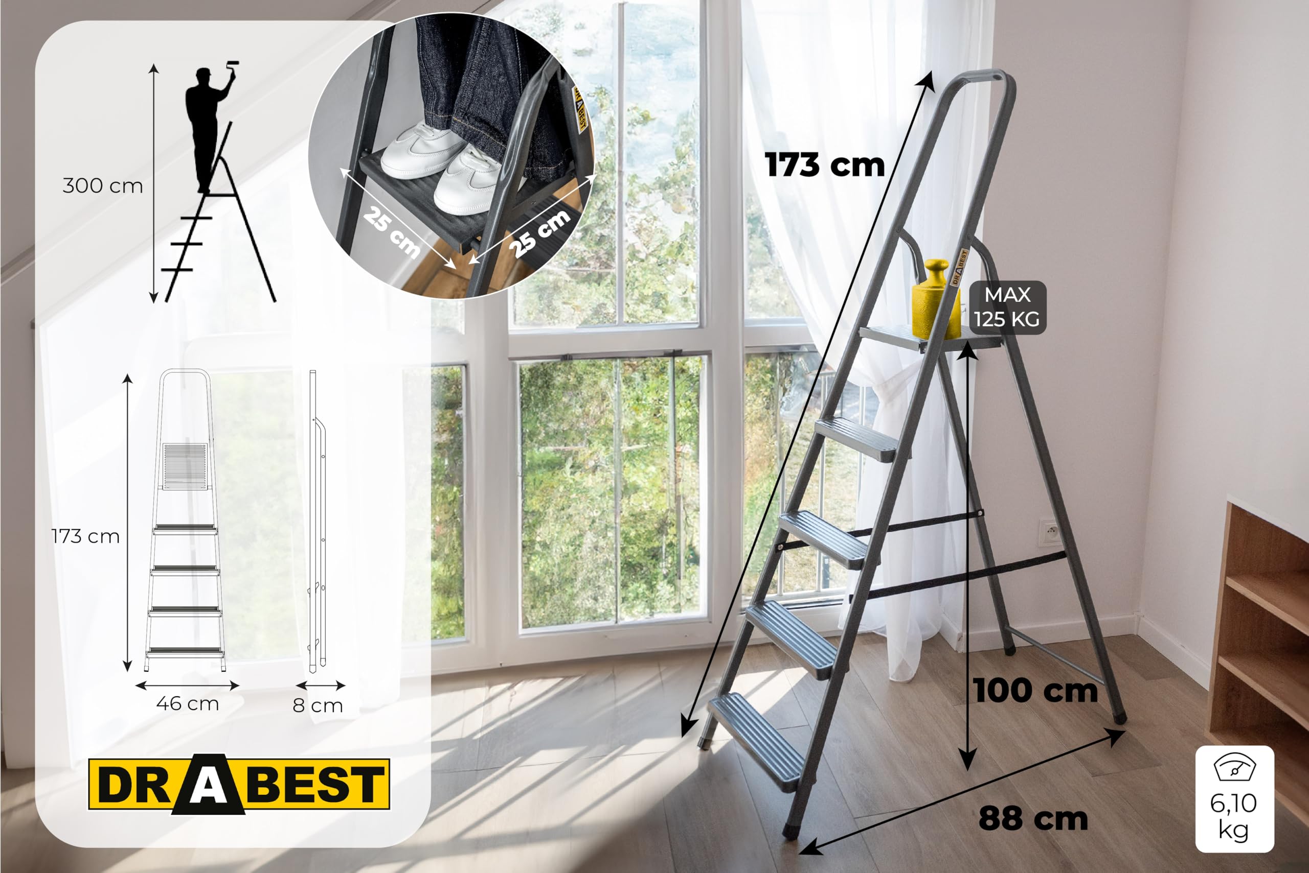 DRABEST - Stehleiter - mit 5 Stufen - bis 125 kg belastbar - 1,73 m lang - Arbeitshöhe 3 m - Trittleiter, Bockleiter aus Stahl pulverbeschichtet - für Haushalt, Malerarbeiten - Grau