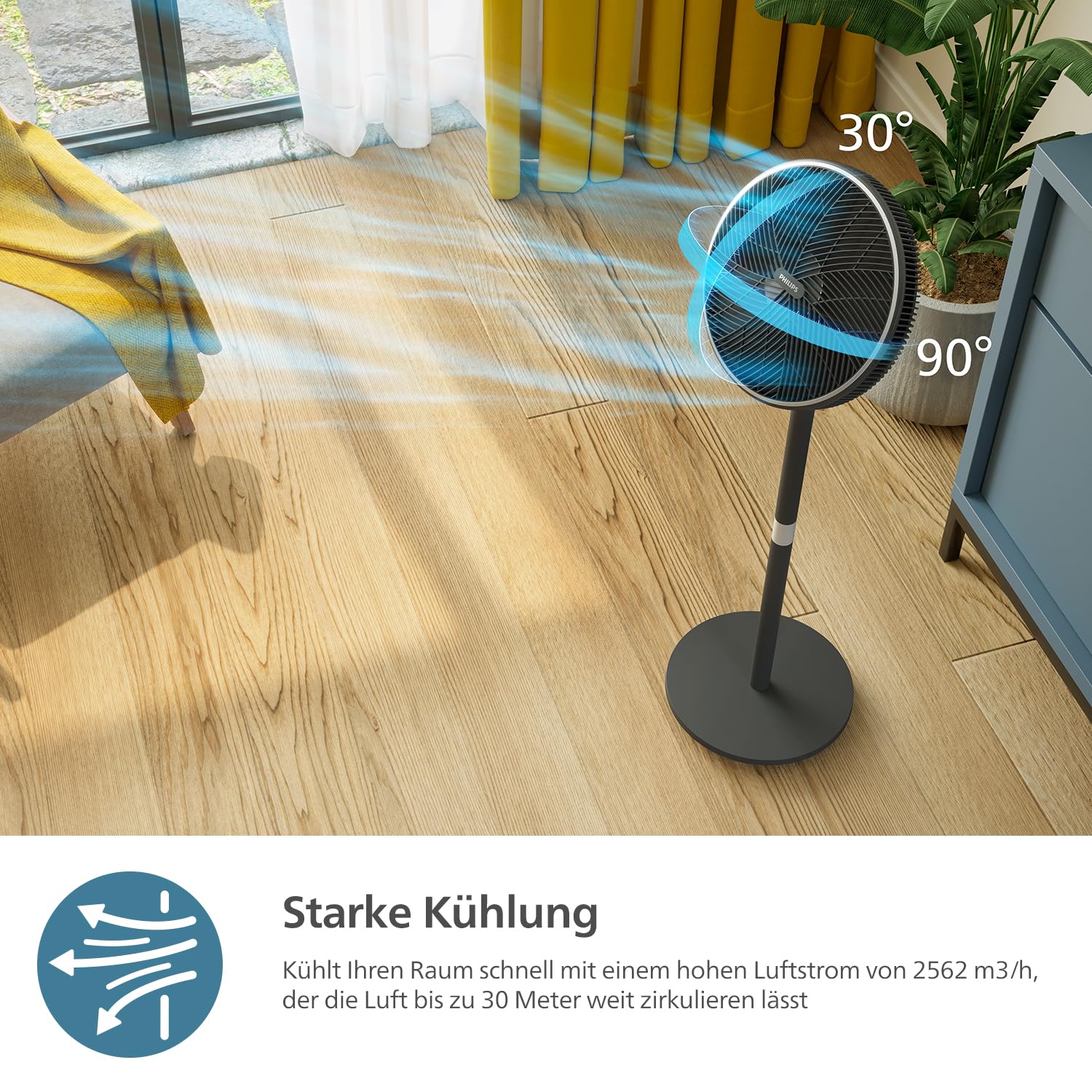 Philips Smart Standventilator Serie 3000. Starke & extrem leise SilentWings-Technologie. 19 dB. 2-in-1-Tisch- & Standventilator. Neig- & drehbar. App-Steuerung. 12-St.-Timer. Schwarz (CX3550/01)