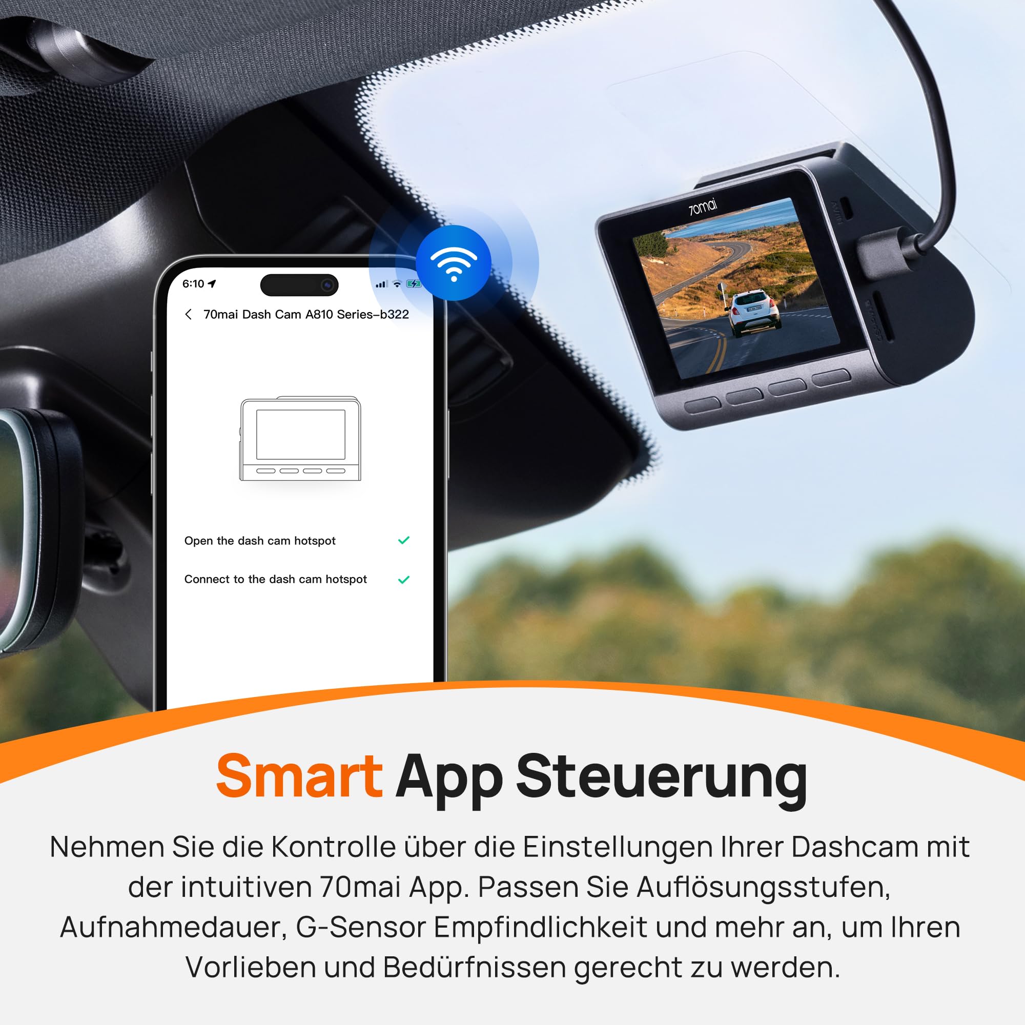 70mai 4K Dashcam A810, HDR Dual-Kanal Dash Cam mit 128GB SD-Karte, Sony STARVIS 2, Night Owl Vision, vorne und hinten 24/7 Parküberwachung, AI-Sensor, GPS, ADAS, WiFi&App Steuerung, bis zu 256GB