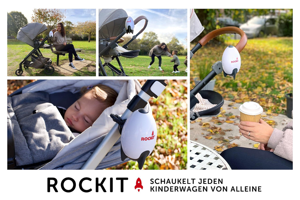ROCKIT Kinderwagenschaukler -Das Original- Einschlafhilfe Baby wiederaufladbar (USB), stufenlos einstellbar & ultraleise mit 60-Min Timer -inkl. Halterung, Rocker Rakete schaukelt Kinderwagen & Buggy