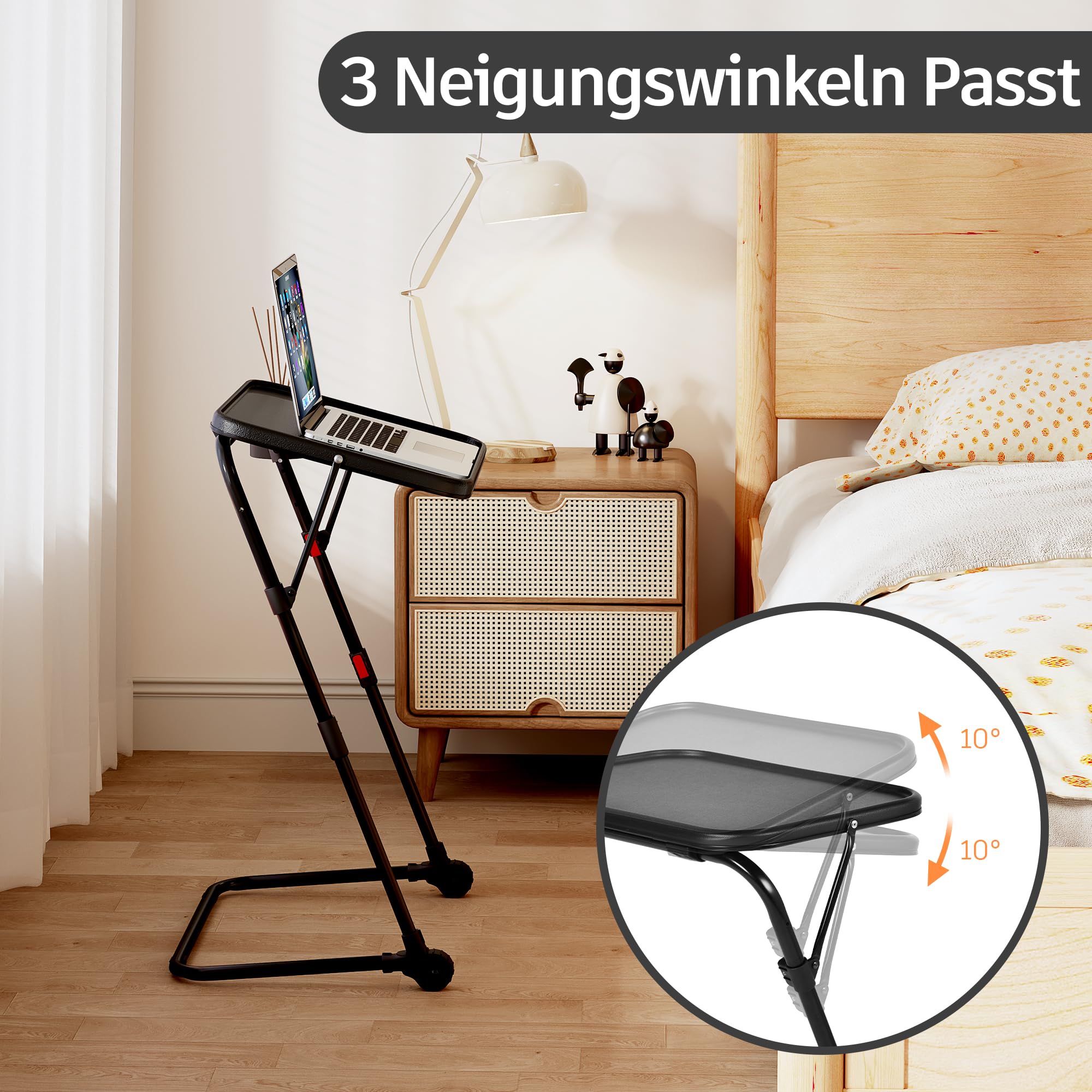 MEUBLE Cosy Kleiner Klappbarer Laptoptisch Höhenverstellbar Schreibtisch Beistelltisch Ohne Montage Sofatisch Neigbar Computertische Betttisch Pflegebett, Schwarz