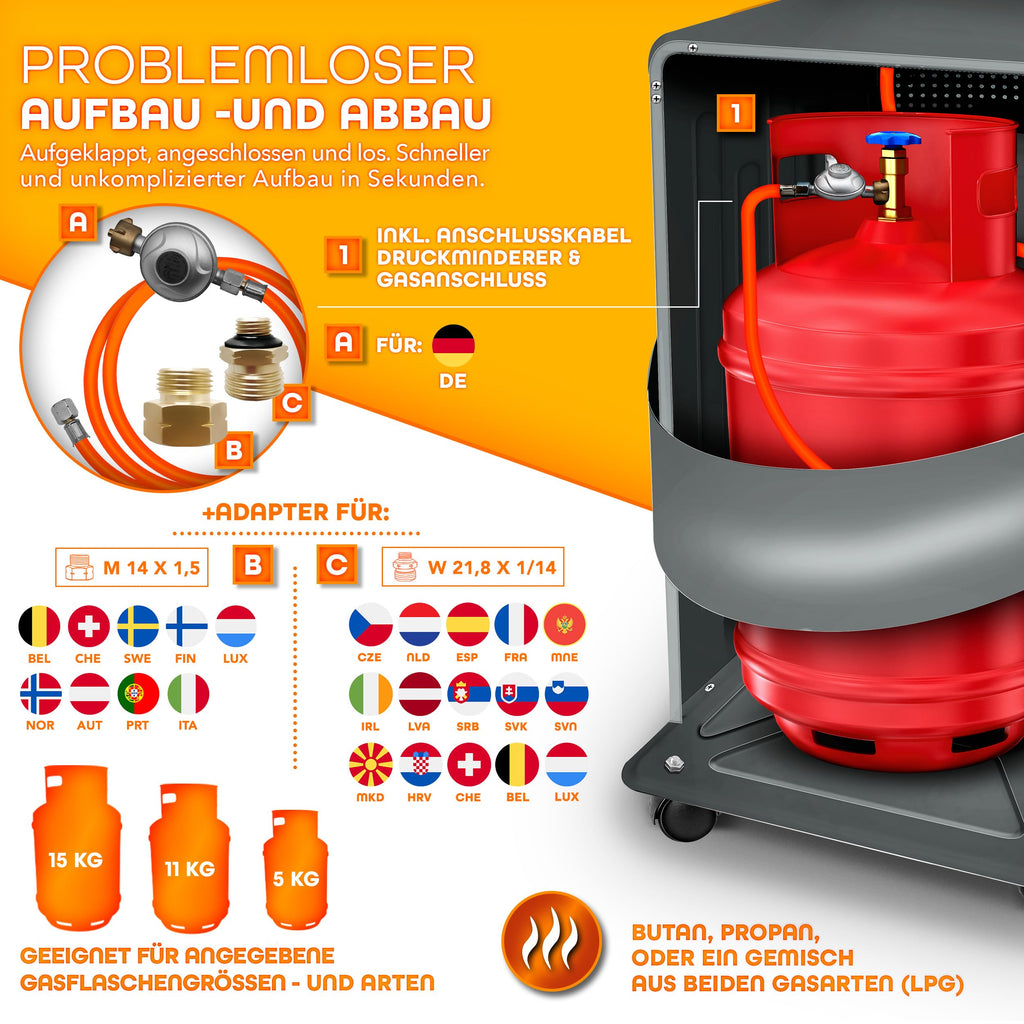 TRESKO 4200 Watt Gasheizung inkl. Gasdruckregler Gasschlauch + Abdeckung | Gasheizer Gasofen Gasheizofen mit 3 Stufen | Infrarot Gasheizgerät (Anthrazit)