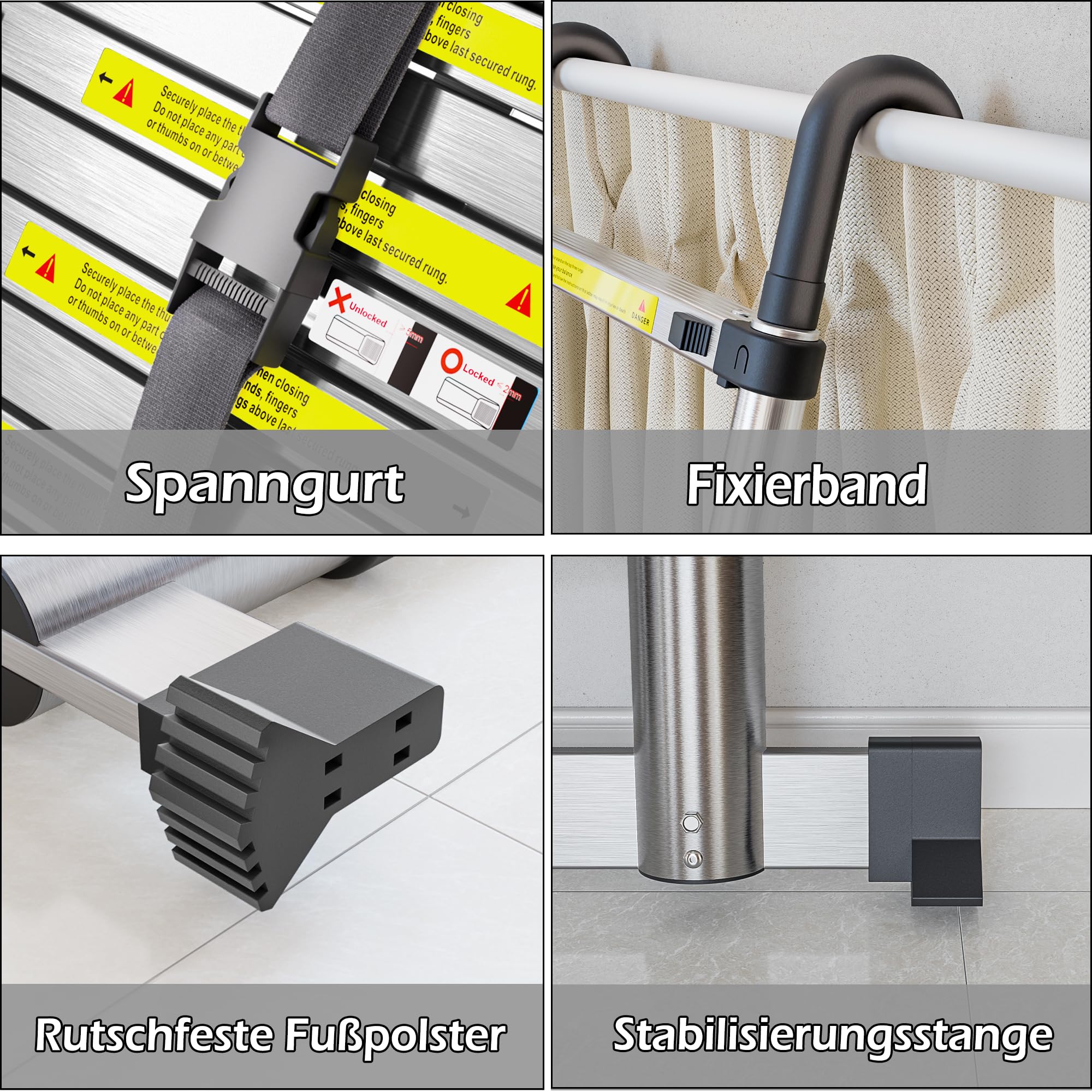 SIMPDIY 2,6M Teleskopleiter, Aluleiter ausziehbar mit Stabilisator, Leiter Ausziehbar mit Haken, 9 Sprossen, für Hause, Wohnmobil und Freien, Tragkraft 150 kg