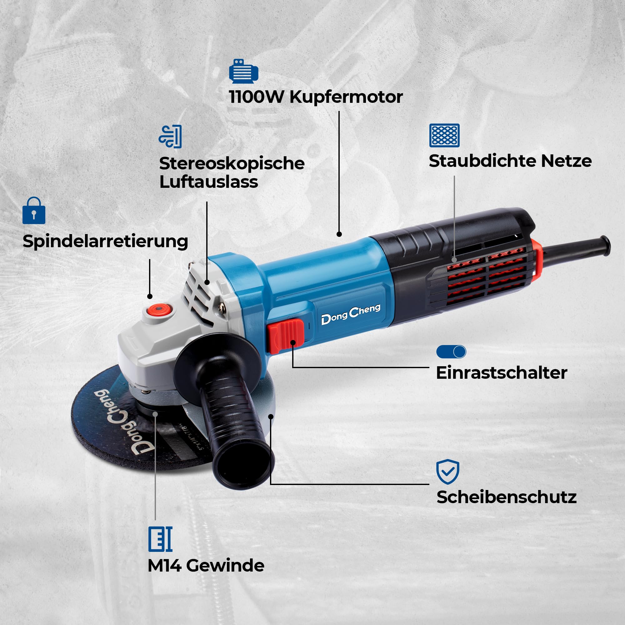 DongCheng Winkelschleifer 1100W, 125mm, Leerlaufdrehzahl:11.800min-1, Schnellverschlussabdeckung, Zusatzhandgriff ，mit 2 Schleifscheiben, 2 Fächerschleifscheiben, 2 Trennscheiben