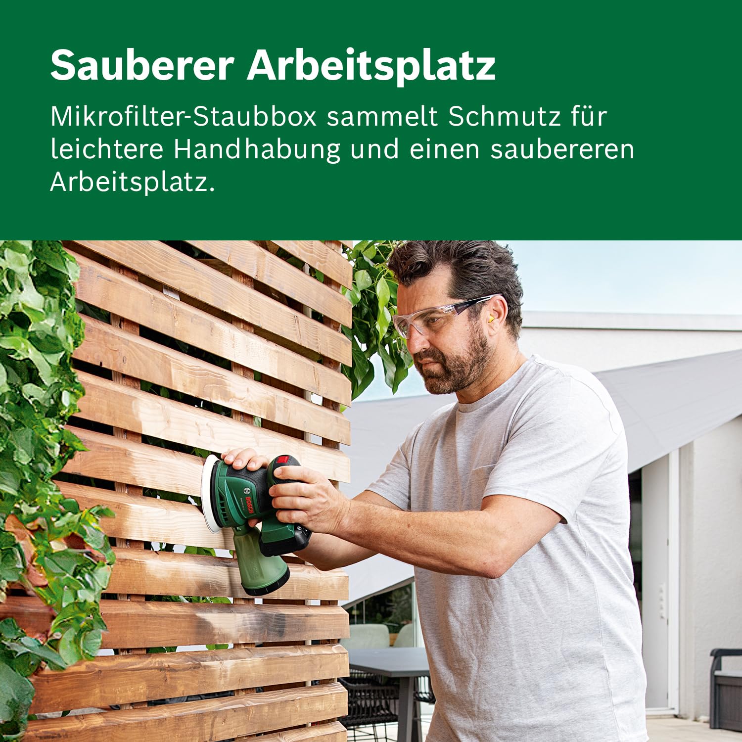 Bosch Akku-Exzenterschleifer EasyOrbit 18V-10 (Schleifen von kleinen bis mittelgroßen Holzoberflächen sowie lasierten und lackierten Oberflächen; Durchmesser: 125 mm; Akku 2.0Ah und Ladegerät)