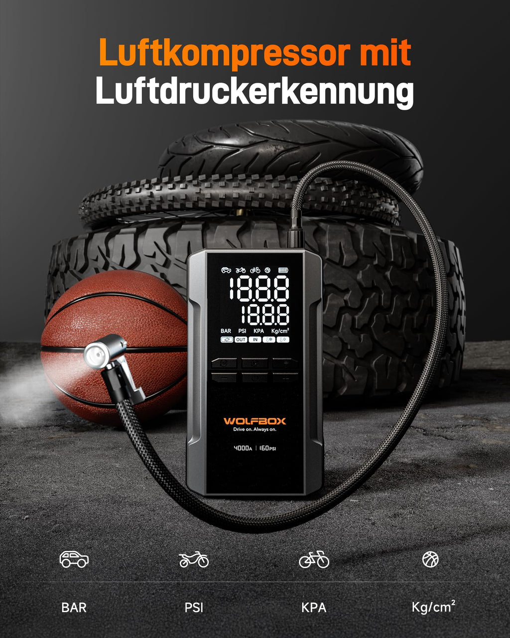 WOLFBOX 4000A Starthilfe mit 160PSI Kompressor, 12V Batterie-Booster, 65W Schnellladung, 88.8Wh Reifenfüller, LED-Anzeige für 10L Benzin-/Dieselmotoren, LED-Licht, Starthilfekabel