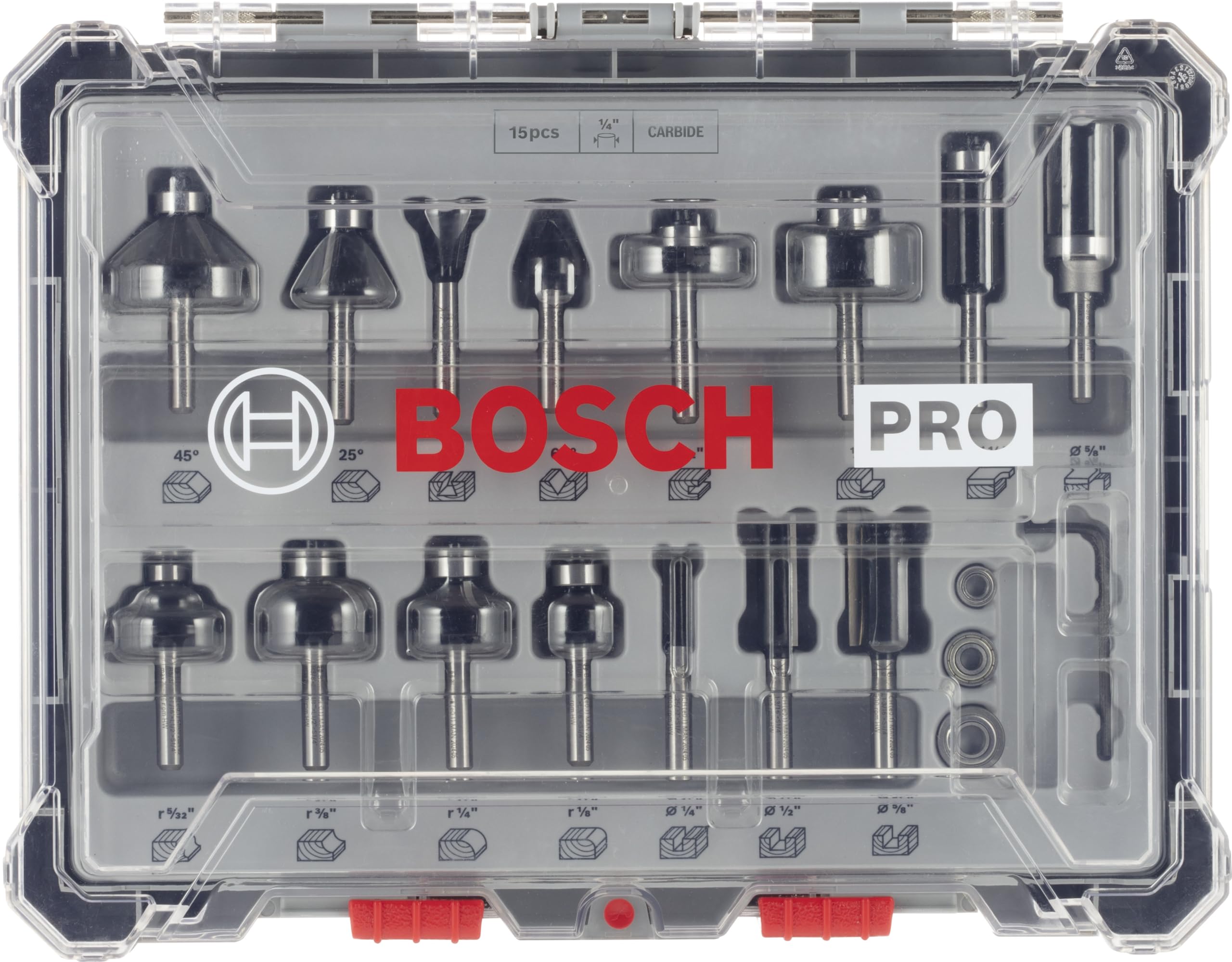 Bosch Professional 15tlg. Fräser Set Mixed (für Holz, für Oberfräsen mit 1/4 Zoll Schaft)