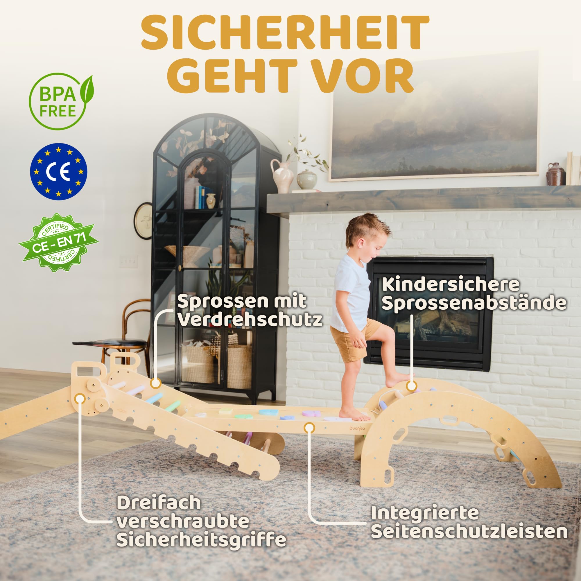 Duanico Großes 9in1 Kinder & Baby Kletterdreieck aus Holz, verstellbar in 5 Winkeln, Rutsche Wippe, Kletterbogen Kissen, Montessori Kletter Spielzeug für Kinder 1–7 Jahre, Klettergerüst Indoor