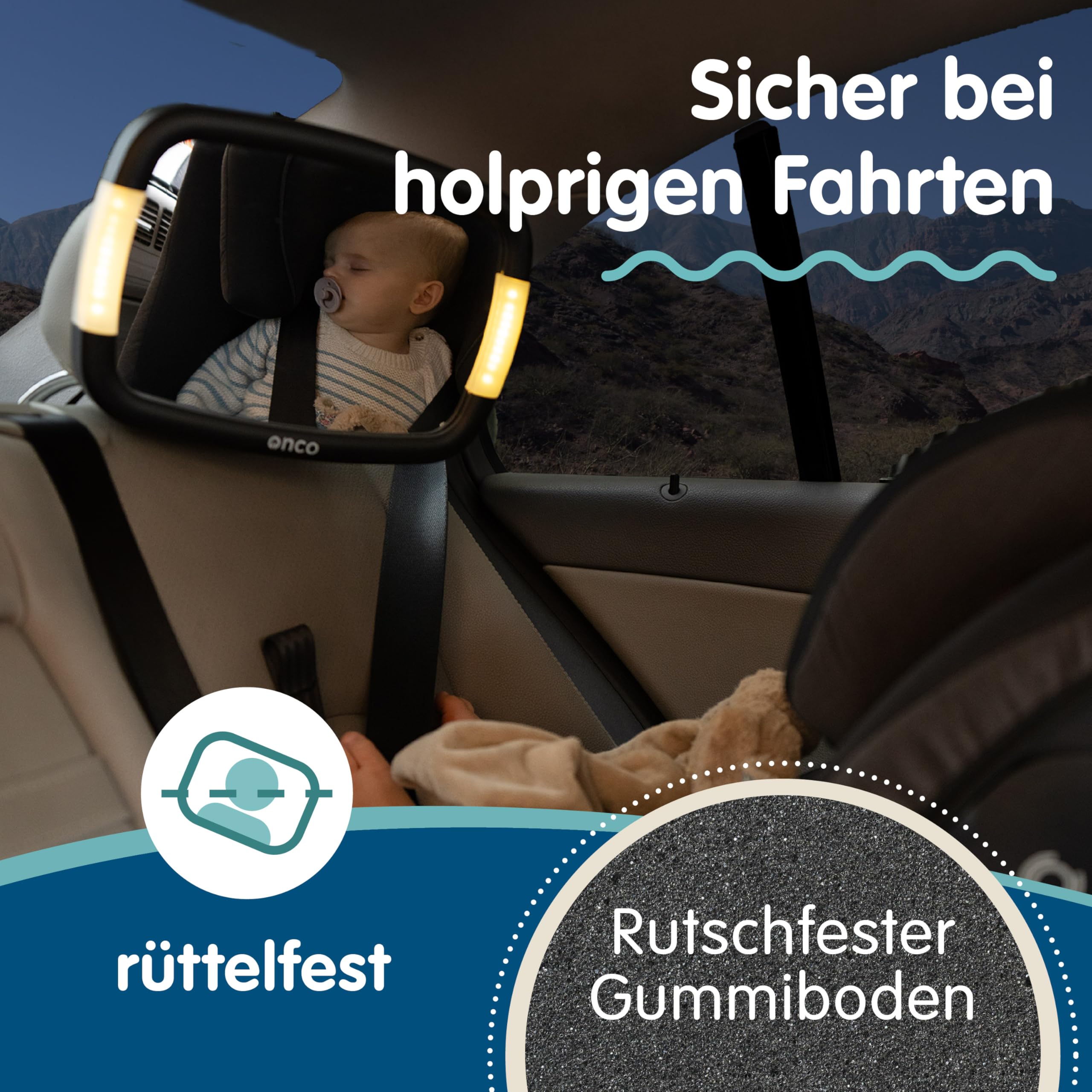 Onco LED Baby Autospiegel - 100% bruchsicher mit 2 Licht-Modi für Tag & Nacht, Rutschfester Baby Rückspiegel Auto mit 360° Schwenkung