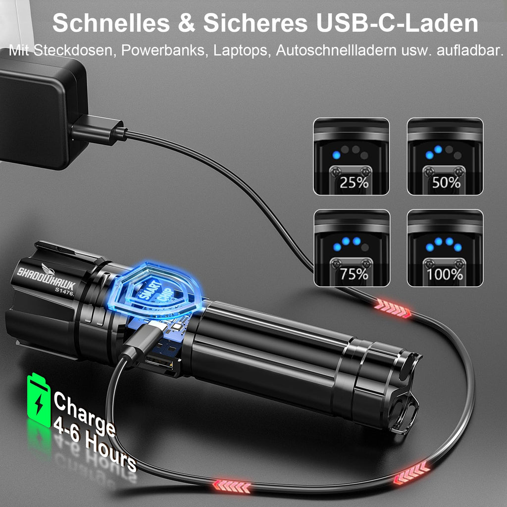 Shadowhawk Taschenlampe Led 500000 Lumen, Extrem Hell Taschenlampe USB Aufladbar Taktische Taschenlampen Mit holster XHP70.2, IP67 Wasserdicht 5 Lichtmodi für Camping Wandern Notfälle