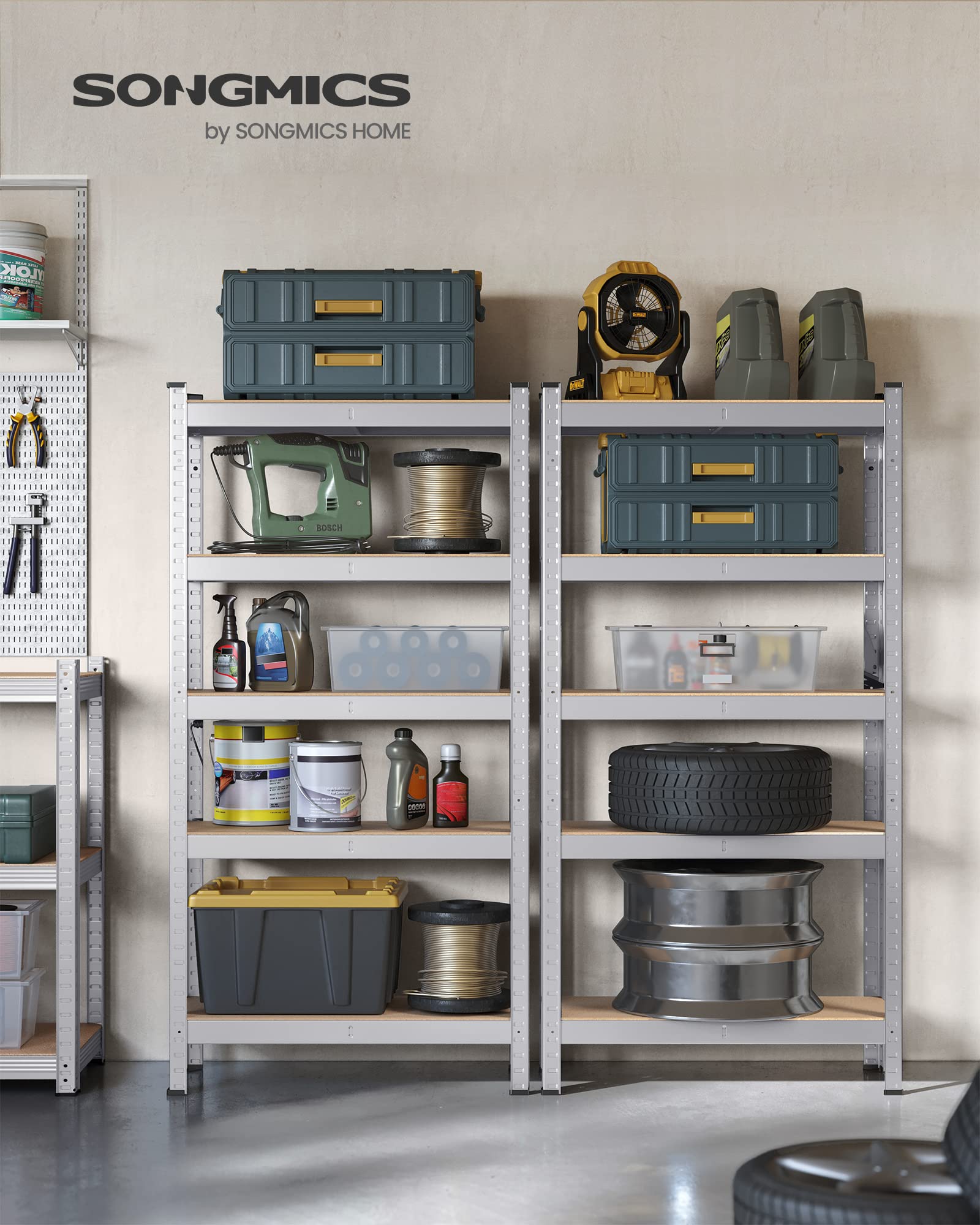 SONGMICS Schwerlastregal, 2er Set, Kellerregal, Lagerregal, 30 x 75 x 150 cm, Regal mit Stahlgestell, bis 650 kg belastbar, 5 verstellbare Ablagen, silbern GLR030E02