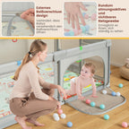 COSTWAY 188 x 157cm Laufstall Baby Faltbar, Laufgitter mit Matratze, Basketballkorb, Fußballnetzen, 50 Spielbällen, Krabbelgitter mit atmungsaktivem Netz, Tragetasche für Kleinkinder (Klein, Hellgrau)