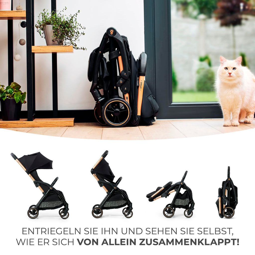 Kinderkraft APINO Buggy bis 22 kg, Liegebuggy, Kinderwagen, Leicht - 7,5kg, Automatisches zusammeklappen, Verstellbare Rückenlehne bis zur Liegeposition, ideal für Reisen, Schwarz