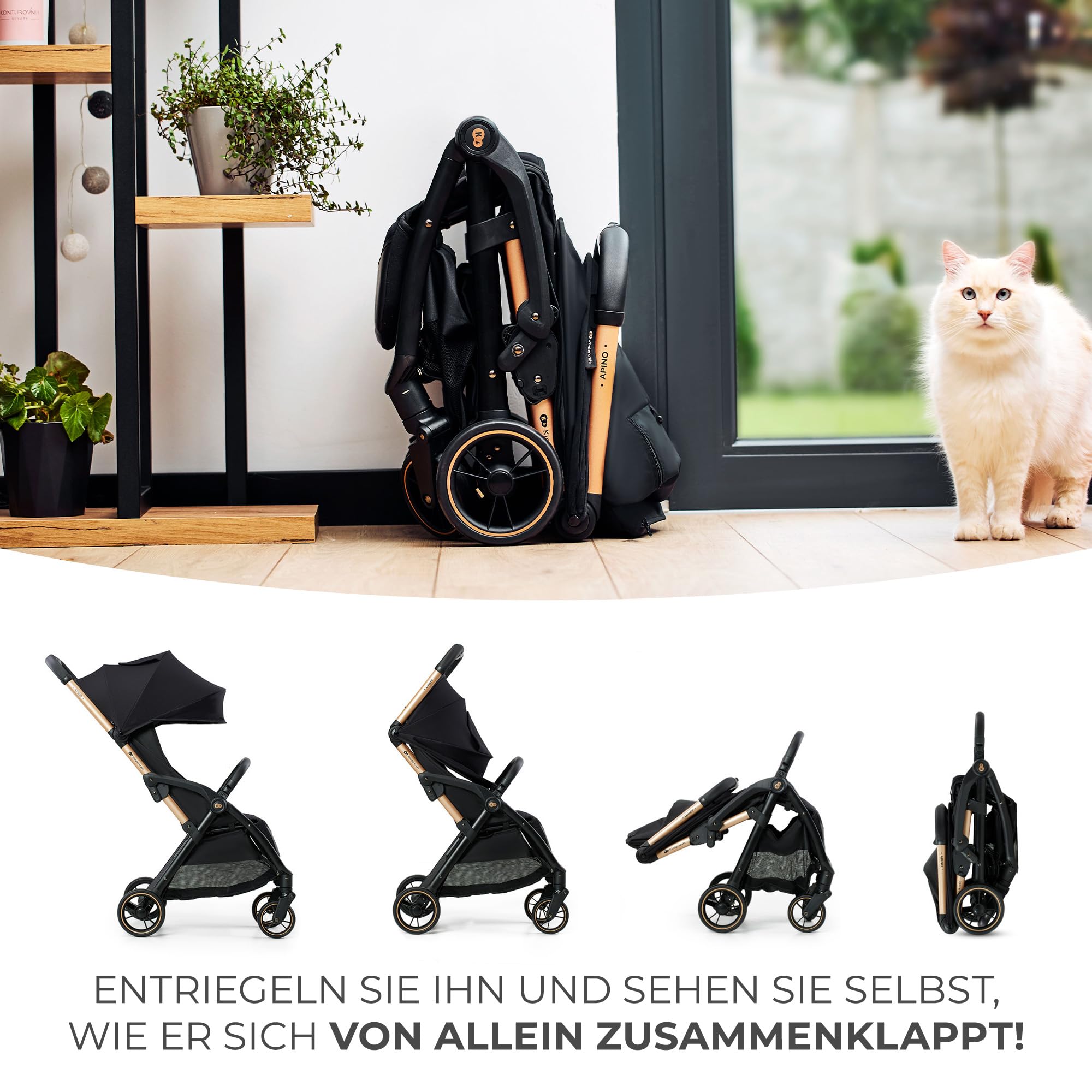 Kinderkraft APINO Buggy bis 22 kg, Liegebuggy, Kinderwagen, Leicht - 7,5kg, Automatisches zusammeklappen, Verstellbare Rückenlehne bis zur Liegeposition, ideal für Reisen, Schwarz