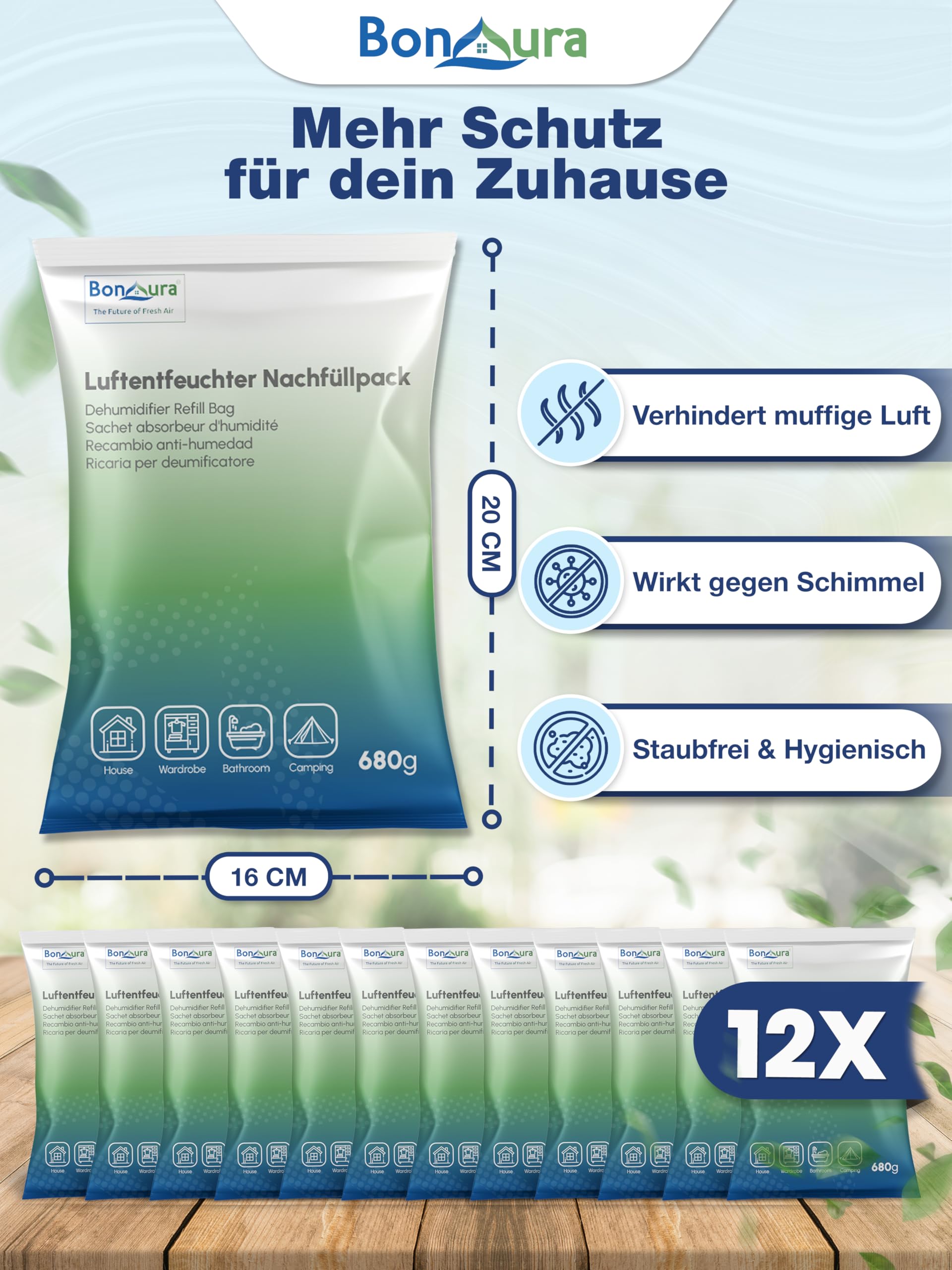 BonAura® Luftentfeuchter Nachfüllpack 12x 680g - Sparset Luftentfeuchter Granulat - 12er Set Entfeuchter Granulat - Schimmel- und Geruchsschutz