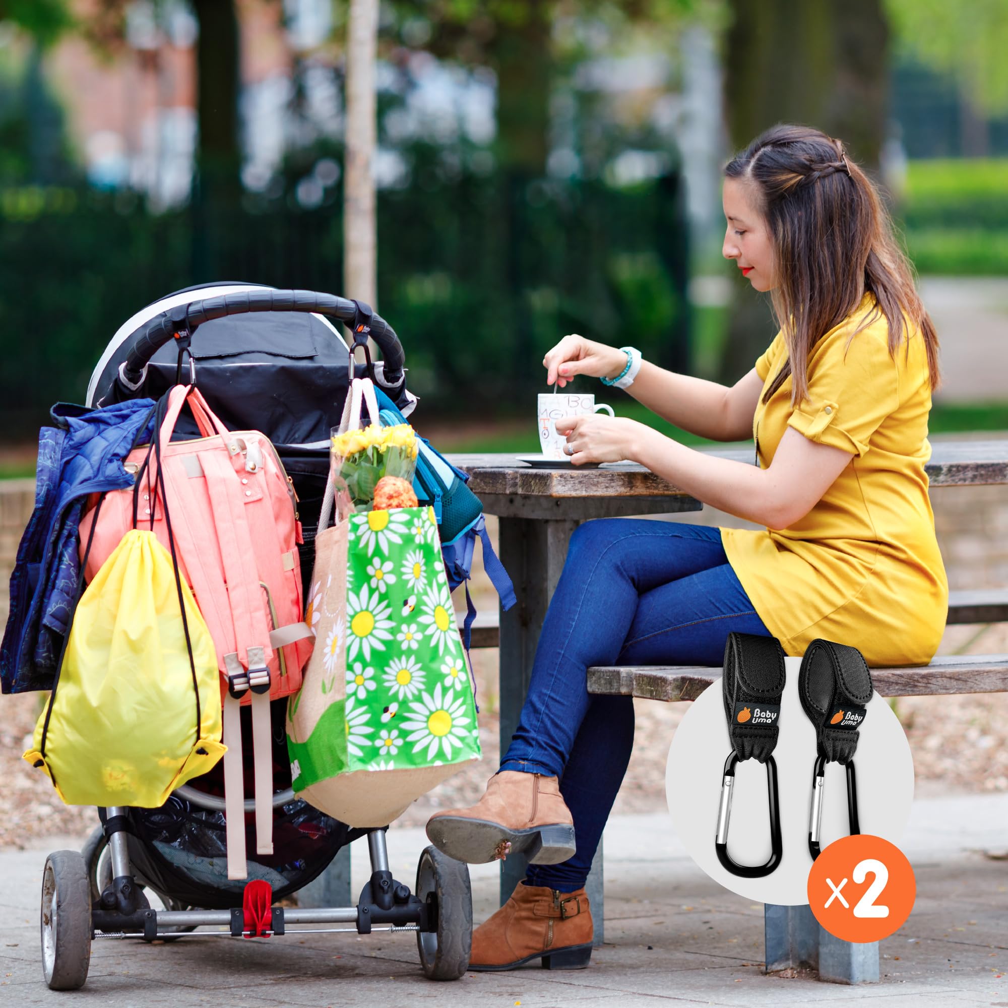 Baby Uma Kinderwagenhaken (2er-Pack) - Universelle Kinderwagen Haken für Taschen, Rutschfeste Klettverschlüsse, Stabile Karabinerhaken mit 5 kg Tragkraft