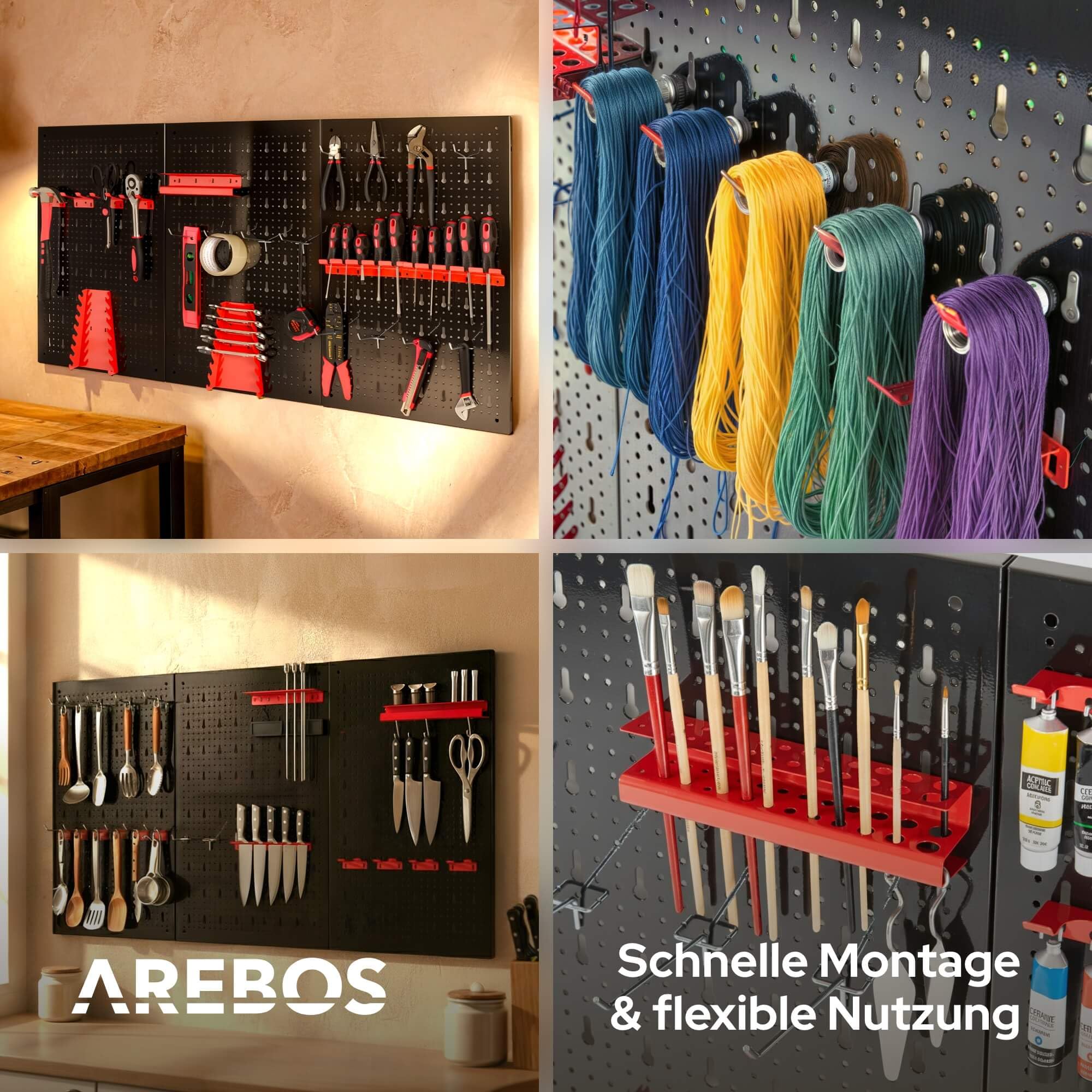 Arebos Werkzeugwand 3-teilige Lochwand Werkstatt | 17-teiliges Hakenset & Halterungen | 117,6 x 59,5 x 2 cm | Werkzeuglochwand aus Metall für Werkstatteinrichtung inkl. Montagematerial | Rot