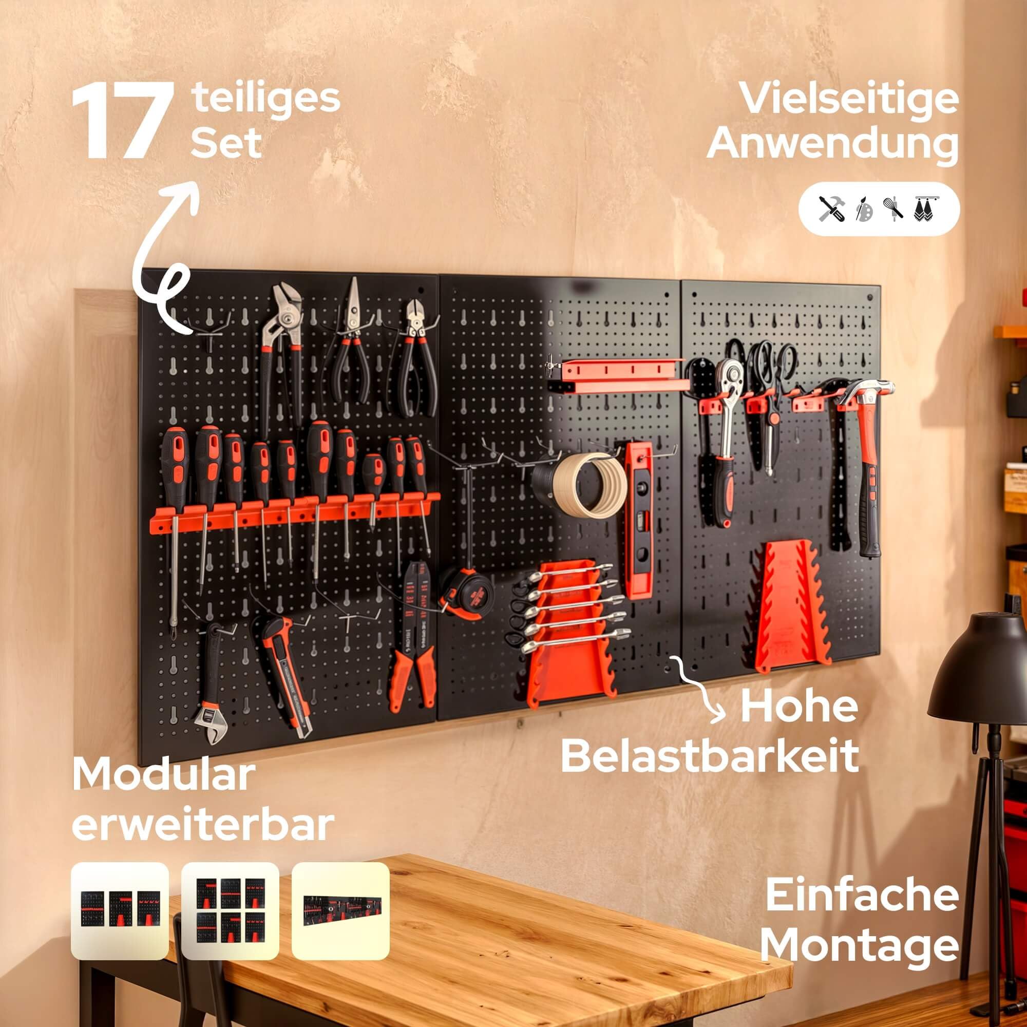 Arebos Werkzeugwand 3-teilige Lochwand Werkstatt | 17-teiliges Hakenset & Halterungen | 117,6 x 59,5 x 2 cm | Werkzeuglochwand aus Metall für Werkstatteinrichtung inkl. Montagematerial | Rot