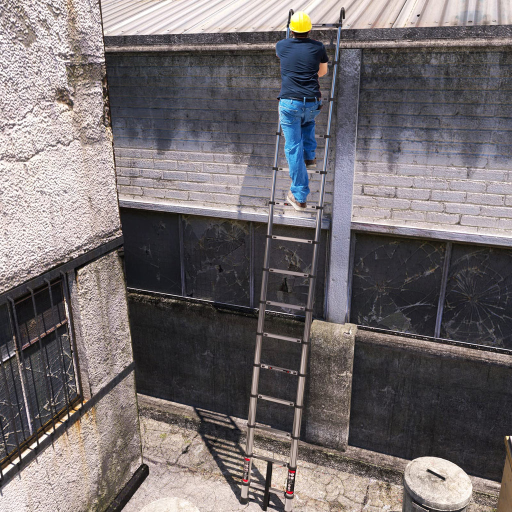 4,4M Teleskopleiter mit Haken Edelstahl Leiter Klappleiter Ausziehleiter Stehleiter Rutschfester, Teleskop-Design, aus hochwertigem Edelstahl, Tragbar, Leichte, 150 kg Belastbarkeit