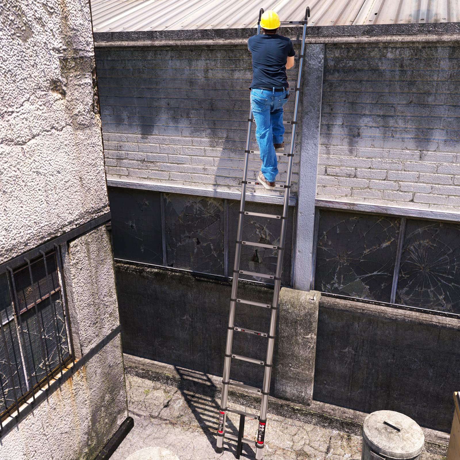 4,4M Teleskopleiter mit Haken Edelstahl Leiter Klappleiter Ausziehleiter Stehleiter Rutschfester, Teleskop-Design, aus hochwertigem Edelstahl, Tragbar, Leichte, 150 kg Belastbarkeit