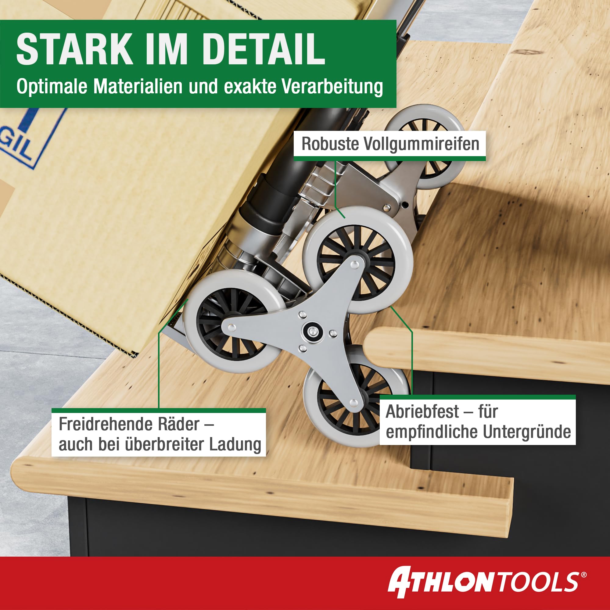 ATHLON TOOLS Aluminium Treppensteiger-Sackkarre klappbar TÜV geprüft – extra Langer Griff 110 cm, Ladefläche mit Anti-Rutsch-Pads