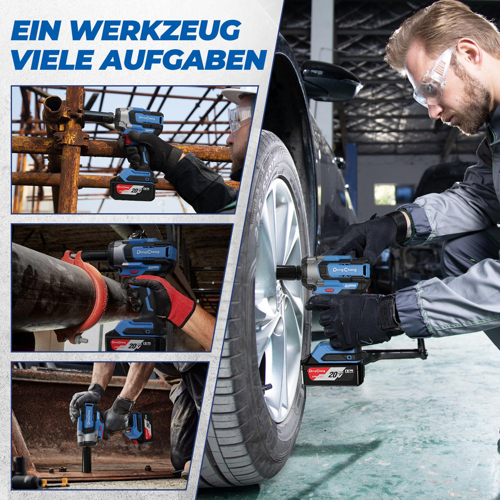 Dong Cheng 18V bürstenloser Schlagschrauber, 598Nm Akku-Schlagschrauber 1/2 Zoll, 4-Gang-Modus & Smart-Modus mit 5 Schlagstecknüssen, Verlängerung, 4,0Ah Akku, Aufbewahrungsbox