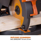Evolution Gehrungssäge R210CMS | 1200 W Gehrungssäge | Inkl. Ø 210 mm HM-Sägeblatt Multi-Material-Schneiden Holz, Aluminium, Stahl, Kunststoff | 0°- 45° Fase und 45°- 45° Gehrungswinkel | Kappsäge