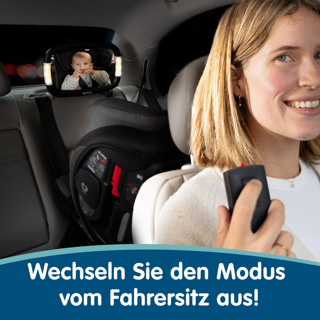 Onco LED Baby Autospiegel - 100% bruchsicher mit 2 Licht-Modi für Tag & Nacht, Rutschfester Baby Rückspiegel Auto mit 360° Schwenkung