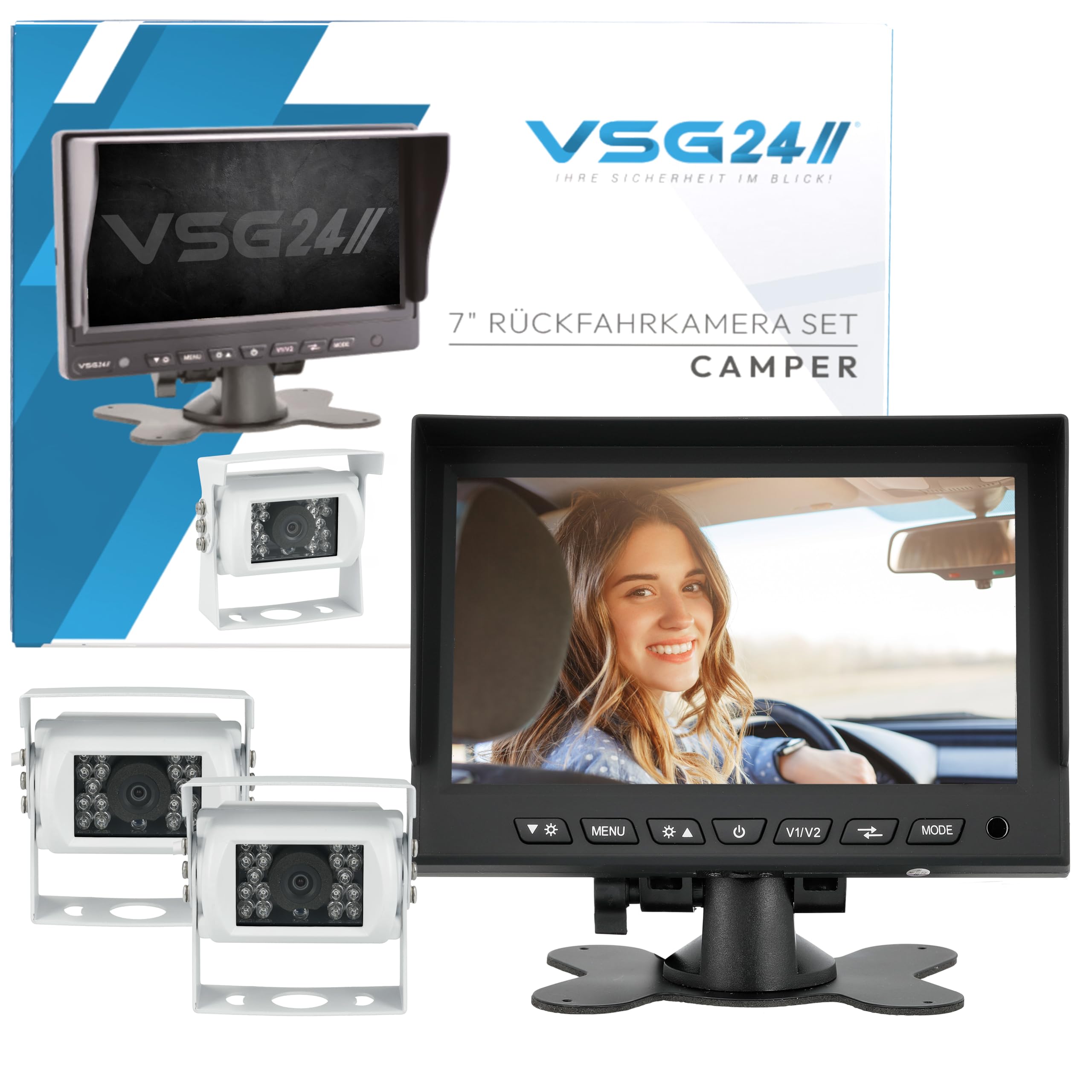 VSG24 Rückfahrkamera 7" Starter-Set Wohnmobil inkl. 2 Kameras in Weiß, Monitor, Kabel & Fernbedienung – Wasserdicht Nachtsicht 12V-24V / Robustes Rückfahrsystem für Wohnwagen Wohnmobile