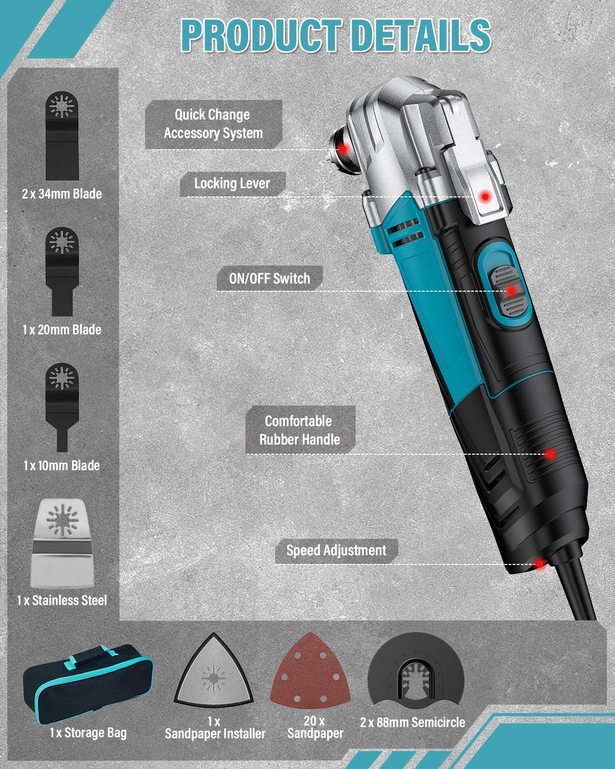 Pohicoo Oszillationswerkzeug, 300W Multifunktionswerkzeug mit 10000-22000RPM 6 Variable Geschwindigkeit,Multitool mit 23 Zubehör, 3° Oszillationswinkel Multimaster zum Schneiden, Schnitzen, Polieren