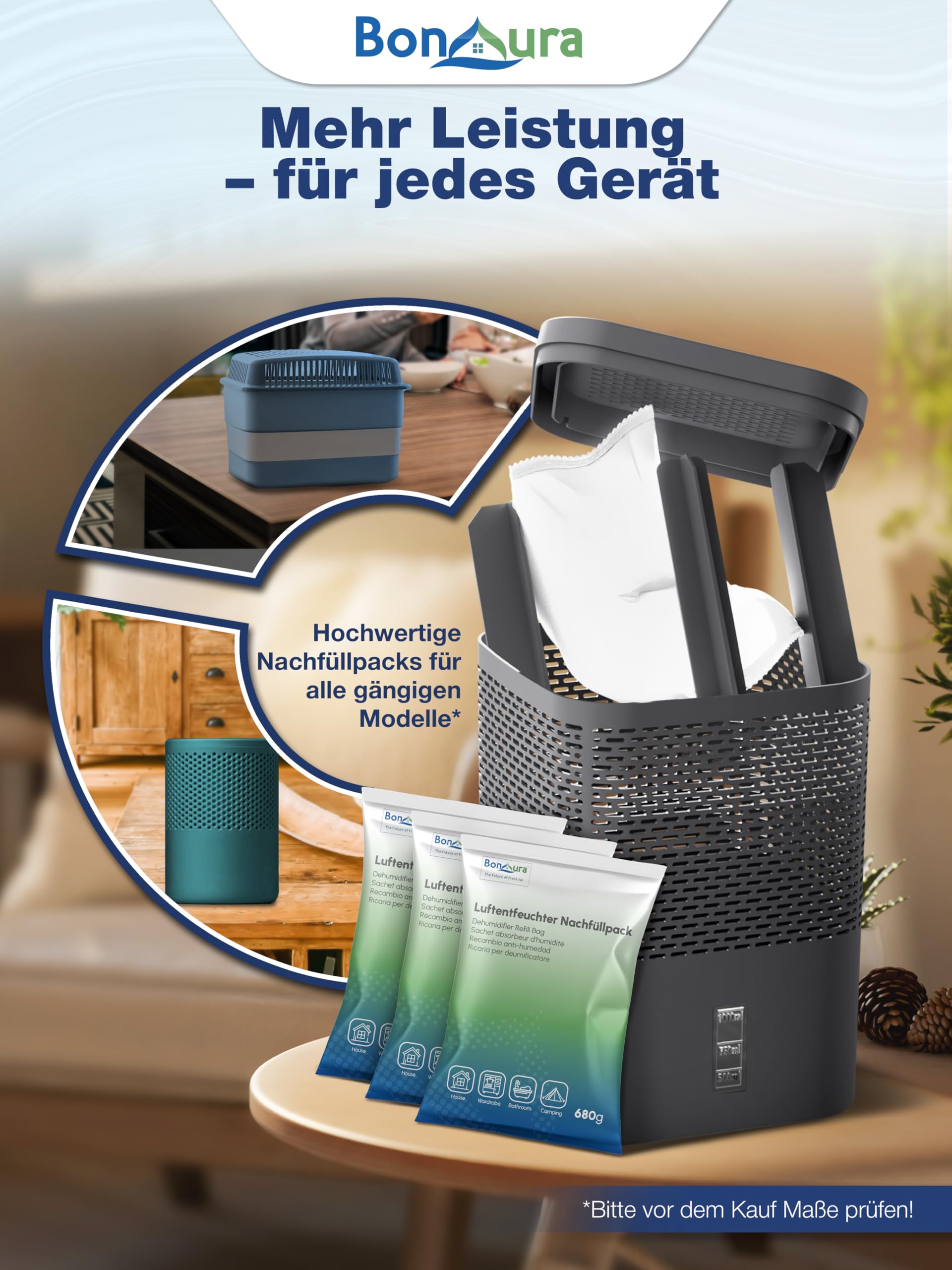 BonAura® Luftentfeuchter Nachfüllpack 6x 680g - Sparset Luftentfeuchter Granulat - 6er Set Entfeuchter Granulat - Schimmel- und Geruchsschutz