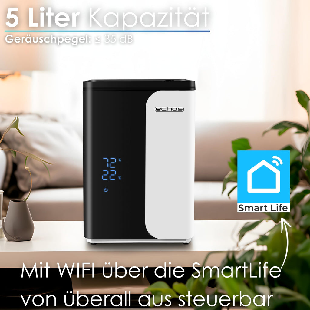 Ultraschall Luftbefeuchter 5 Liter WIFI Smart Life App Fernbedienung Luftreinigungsgerät Luftreiniger Eingebautes Hygrometer LED-Touch-Display 12h Timer Nachtmodus Warm oder Kaltfunktion HEPA Filter