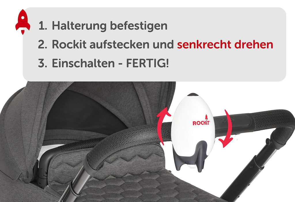 ROCKIT Kinderwagenschaukler -Das Original- Einschlafhilfe Baby wiederaufladbar (USB), stufenlos einstellbar & ultraleise mit 60-Min Timer -inkl. Halterung, Rocker Rakete schaukelt Kinderwagen & Buggy