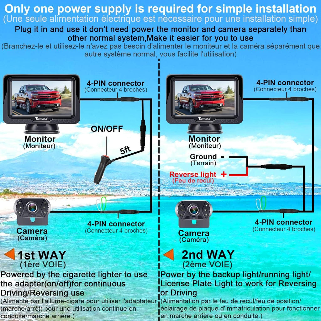 Rückfahrkamera Leicht Einzurichten Plug-Play: Farbe Klares Bild Nachtsicht DIY-Leitfäden HD 1080P Keine Verzögerung Auto Rückfahrkamera mit 4.3" LCD Monitor IP69 Wasserdicht für LKW/SUV Tomoia T1