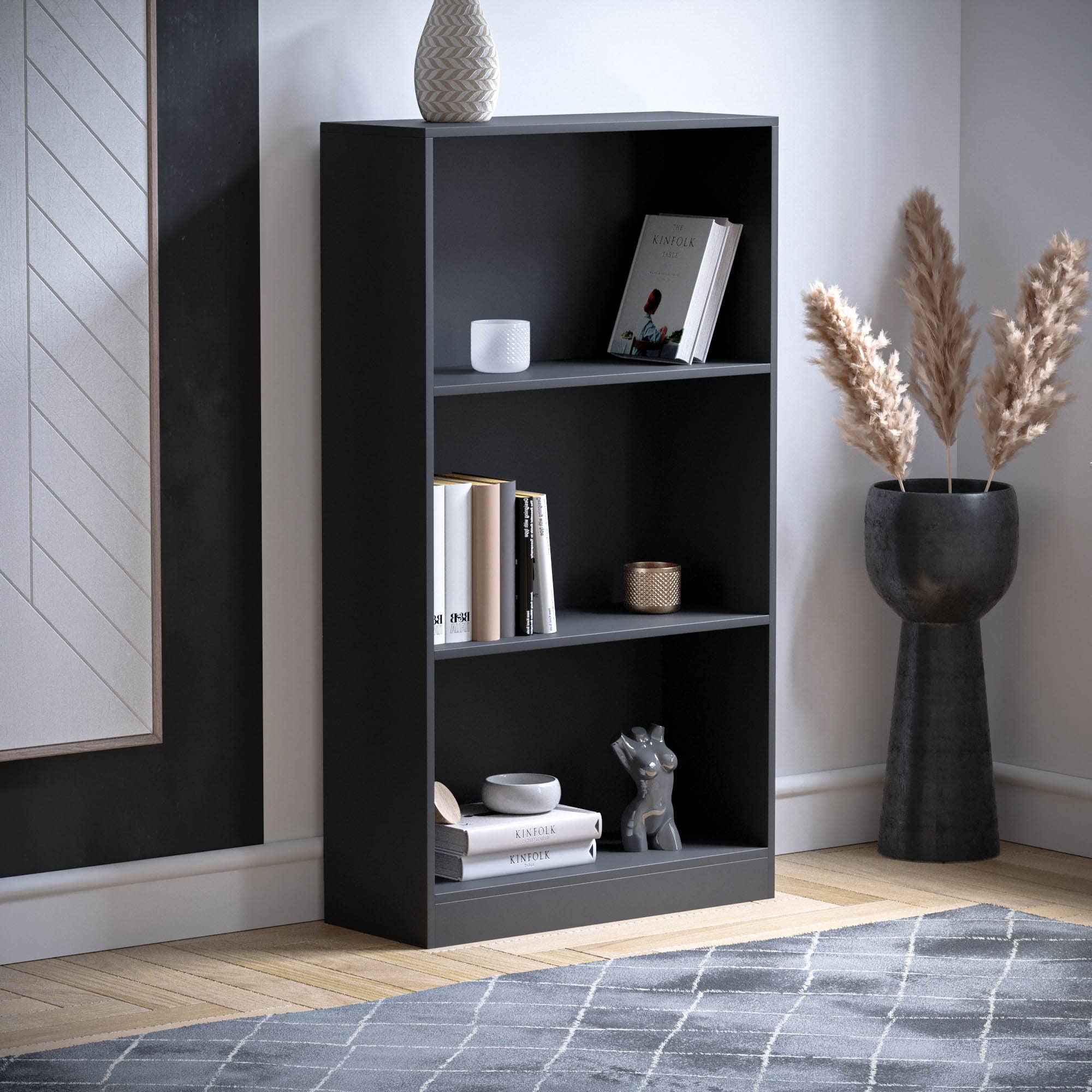 Vida Designs Cambridge Bücherregal mit 3 Ebenen, mittelhoch, schwarz, Holz-Regaleinheit für Büro, Wohnzimmermöbel, 24 x 60 x 108 cm