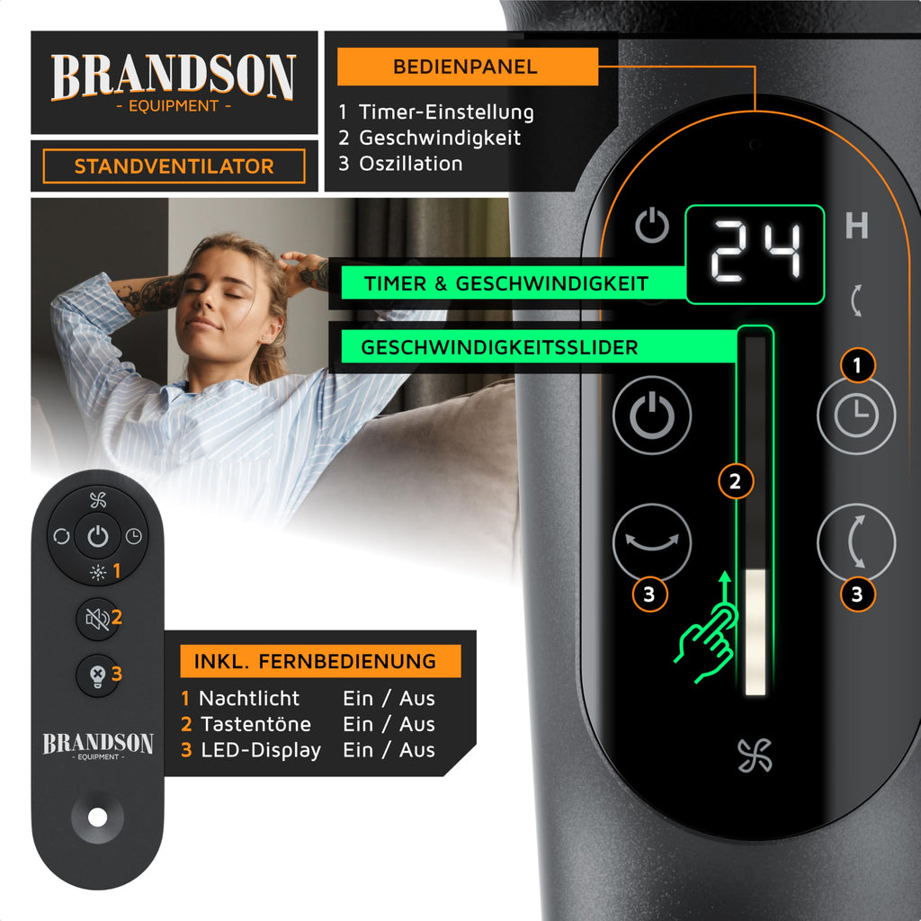 Brandson - Standventilator 3D mit ECO DC Motor – sehr leise – Preisträger 2025-60% Energieeinsparung – Ventilator mit 24 Geschwindigkeiten – horizontale und vertikale Oszillation – Fernbedienung