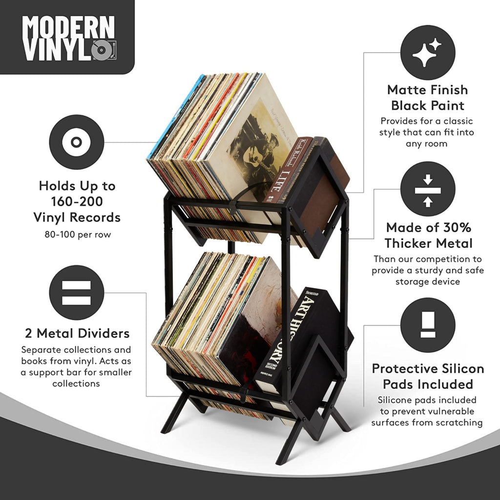 MODERN VINYL Schallplattenhalter – mattschwarzes Metall – 160–200 LP Aufbewahrung – einfache, schnelle Montage – Vinyl-Display, Aufbewahrung – High-End-Design – schützt Vinyl – Organisieren von Alben