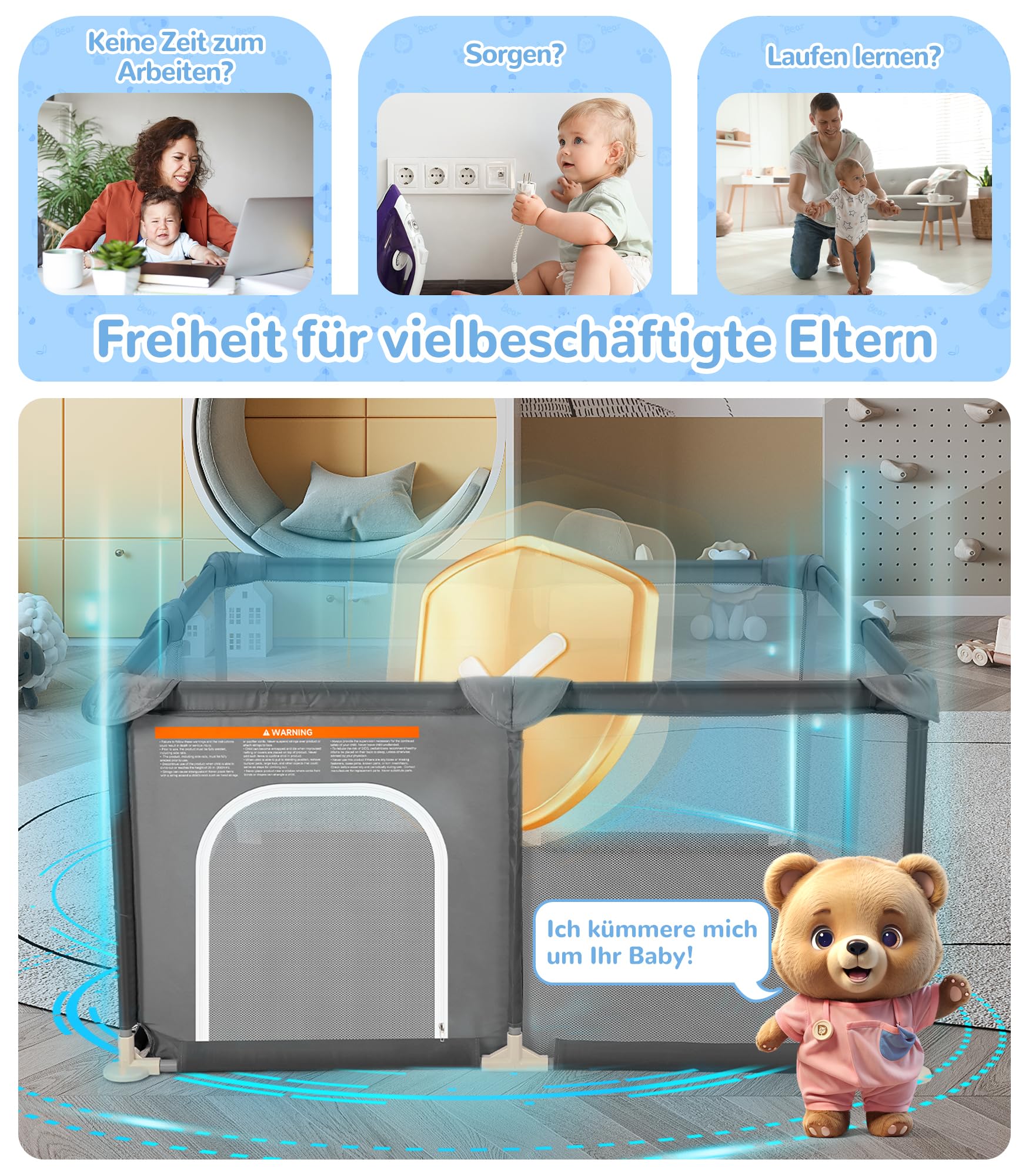 Dripex Laufstall Baby 124x124cm, Laufgitter Baby, Laufstall mit atmungsaktivem Netz, Laufgitter 210D Oxford Gewebe, Playpen, kinderlaufstall, Dunkelgrau