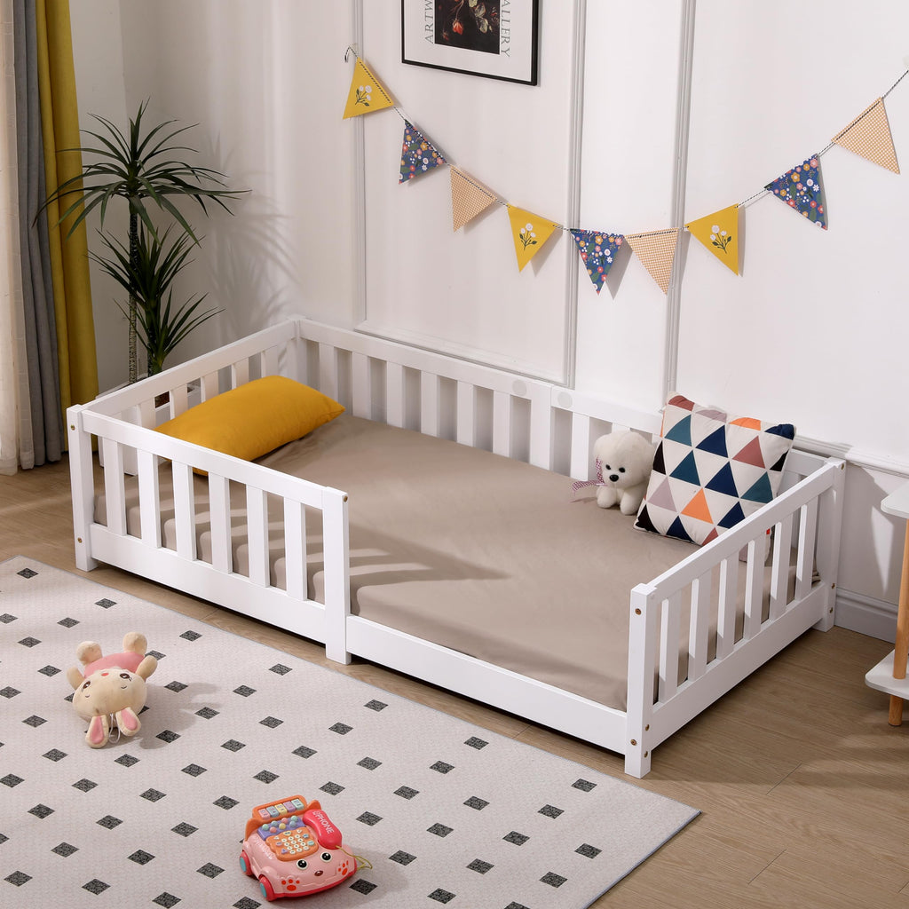 ecomi® Kinderbett 80x160 mit Rausfallschutz Bodenbett Kinder Bett mit Lattenrost für Kinder Kinderbetten für Mädchen und Jungen Massivholz Kiefer in Weiß