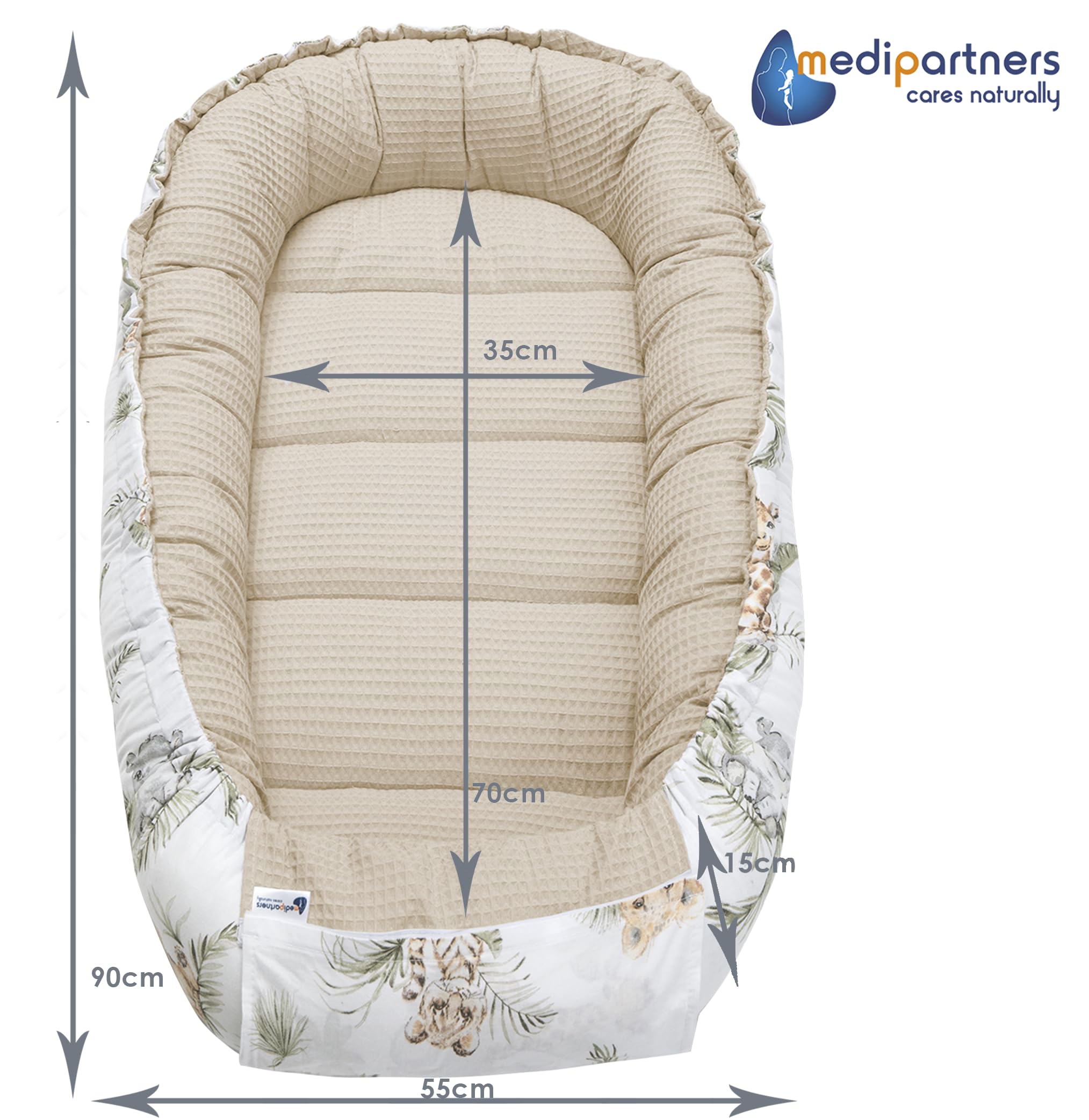 Medi Partners Babynest Nestchen für Neugeborene - 100x60x15 Babynestchen Baby zweiseitg Nest Bett 100% Baumwolle Waffel Kuschelnest tragbar (‎Safari mit beige Waffel)
