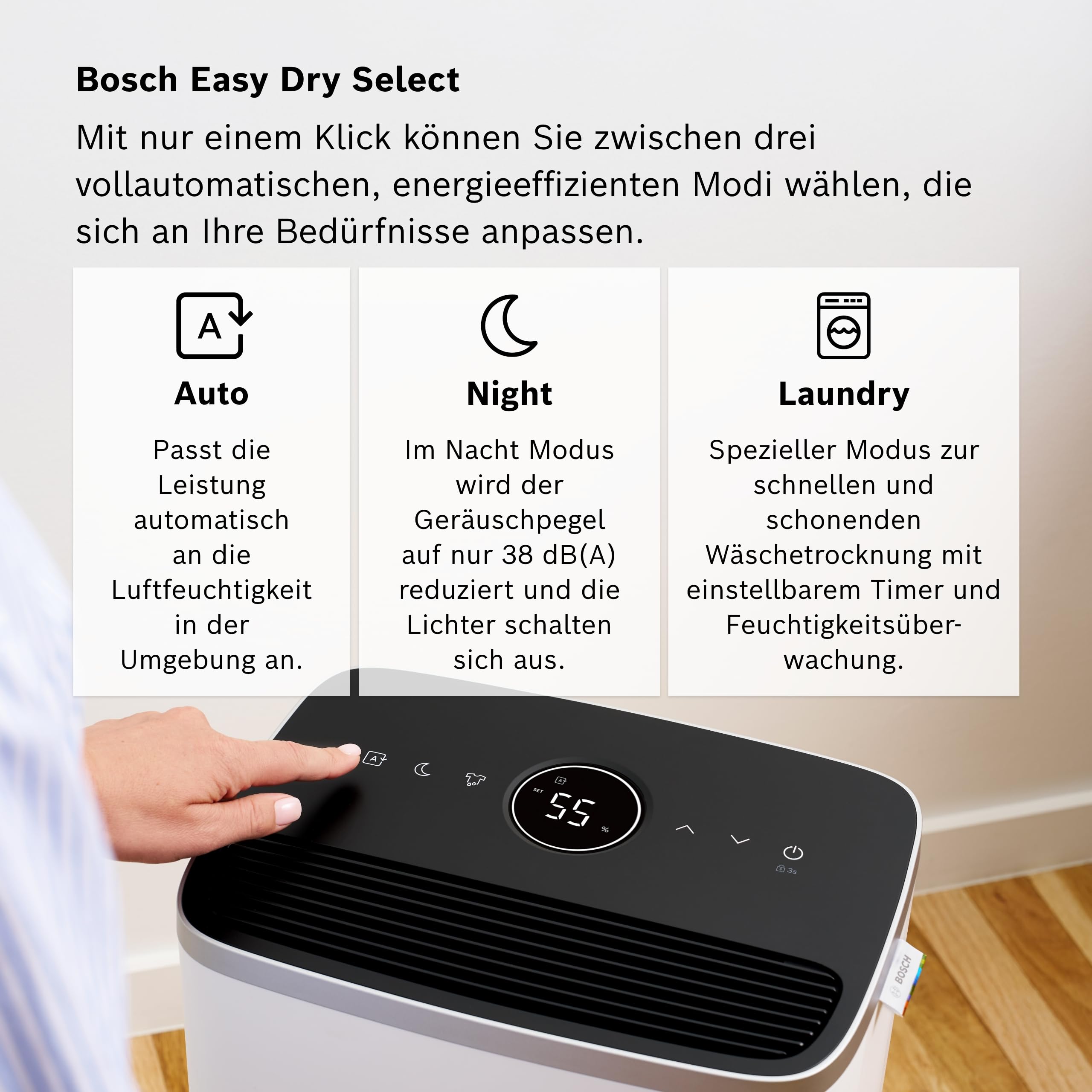 Bosch Dry 4000 Luftentfeuchter - Einfach. Effizient. Leise. - Für Räume bis zu 33 m² - Ideal für Deine Wohnung die schnelle Trocknung Deiner Wäsche